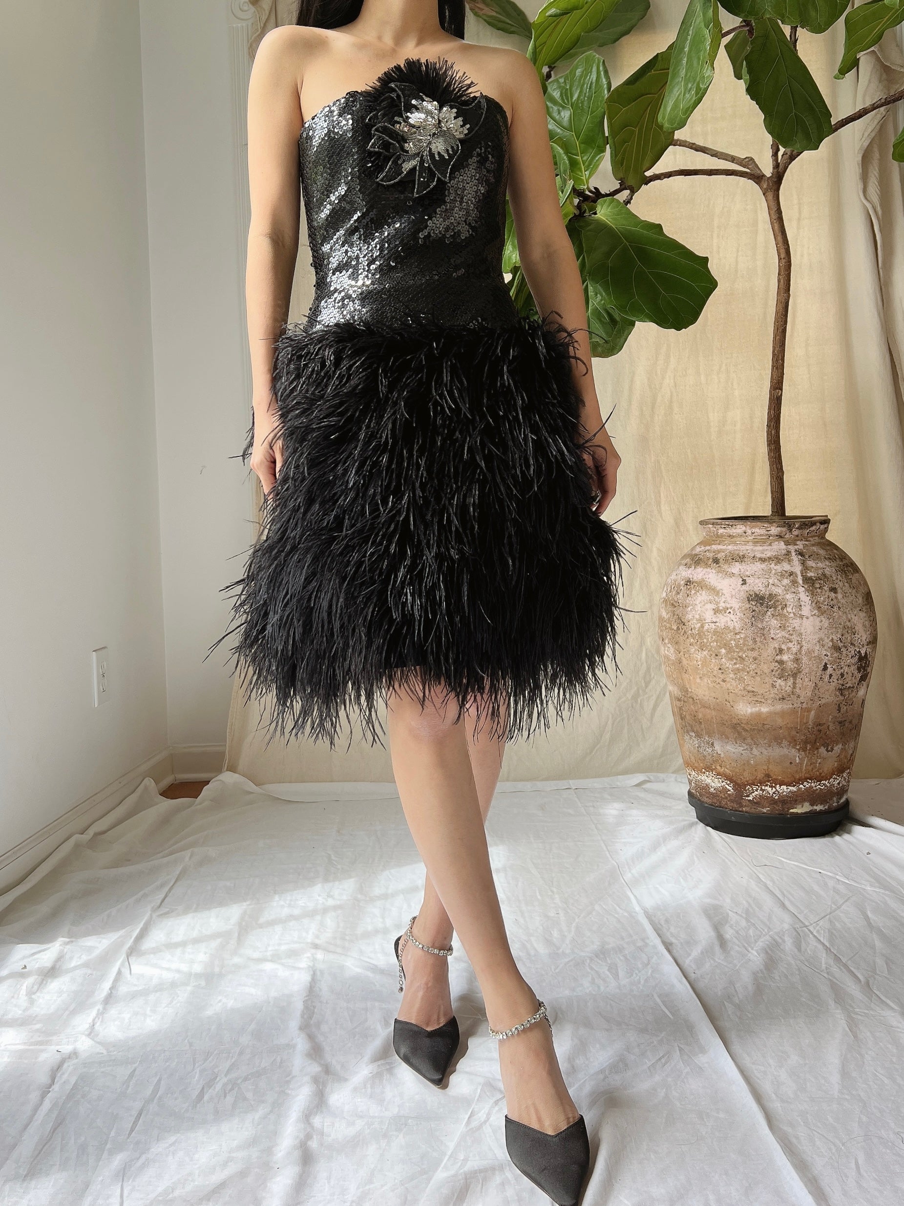 Vintage Sequins Feather Dress - XS/S