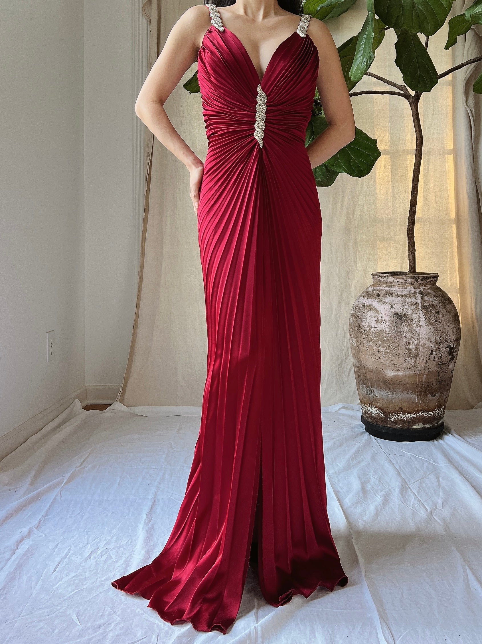 Vintage Pleated Satin Dress - M