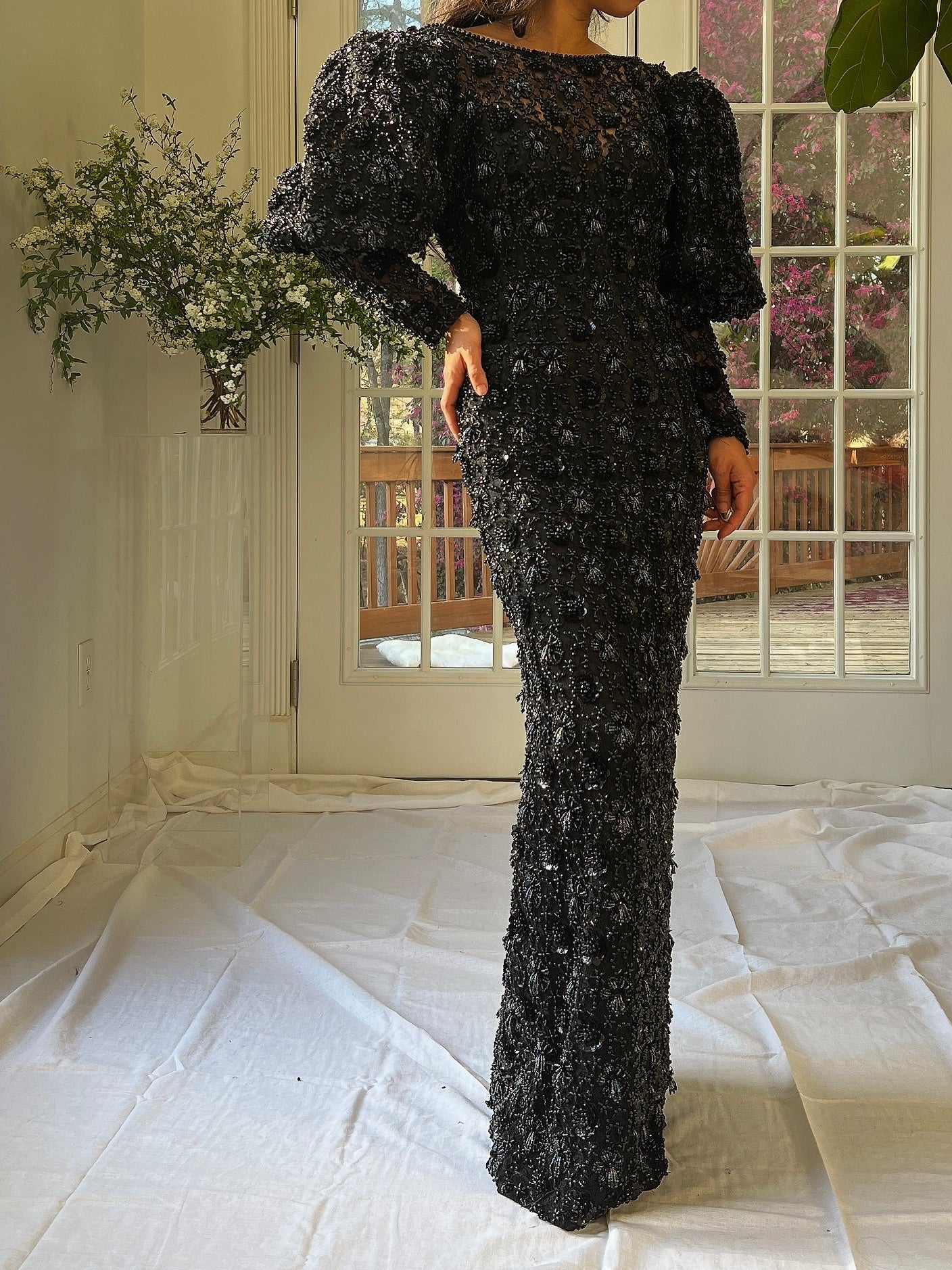 Vintage Puff Sleeves Beaded Gown - S/M
