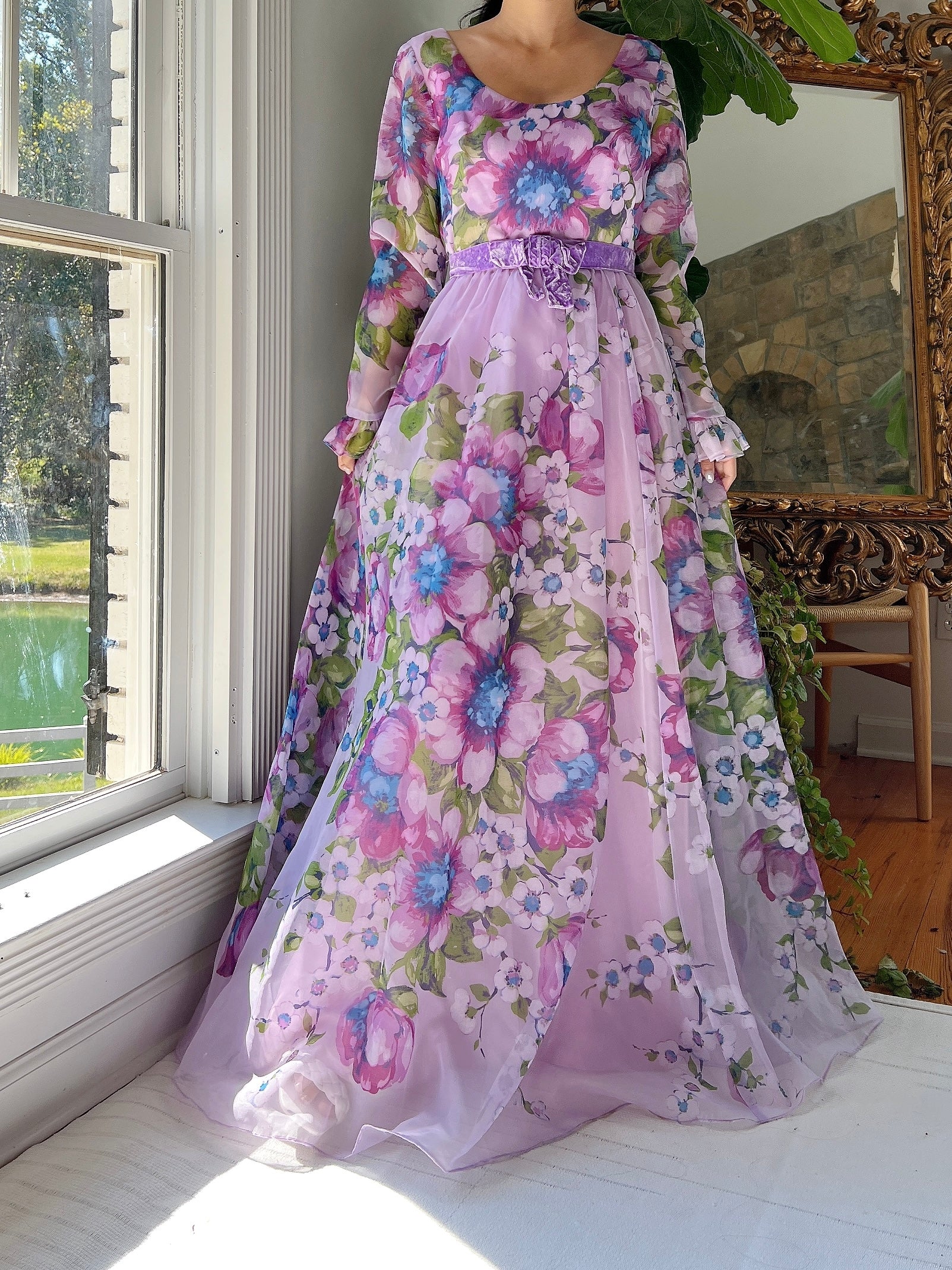 Vintage Nylon Chiffon Floral Dress - S
