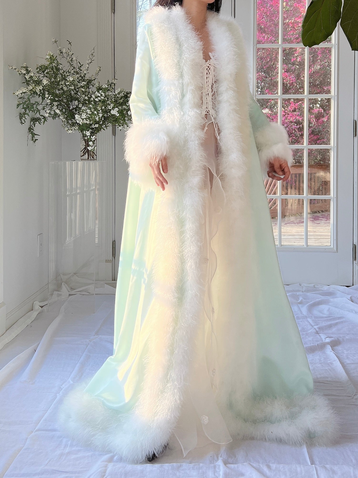 1960s Satin Feather Dressing Gown - OSFM