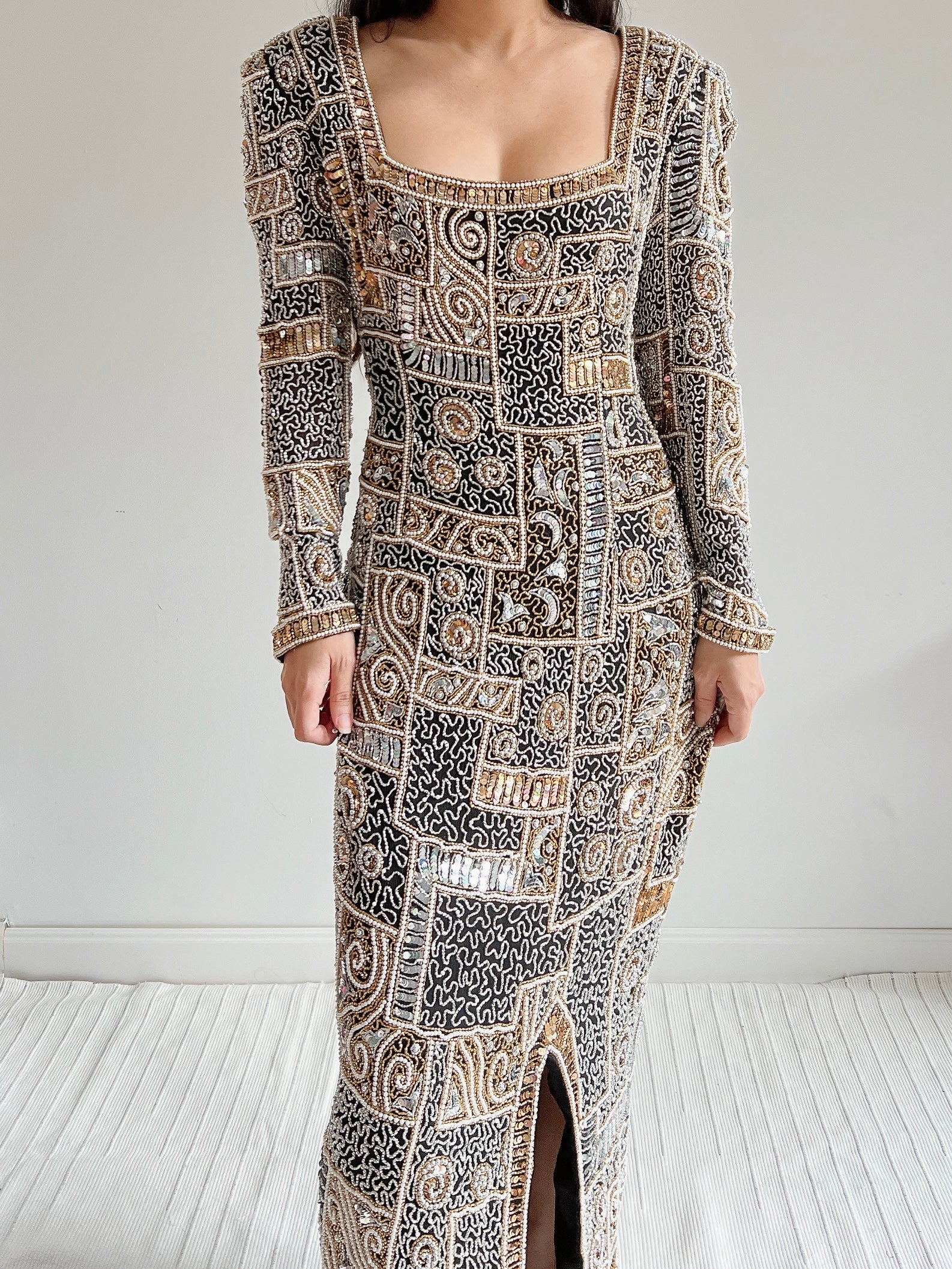 1980s Silk Chiffon Heavily Beaded Gown - M