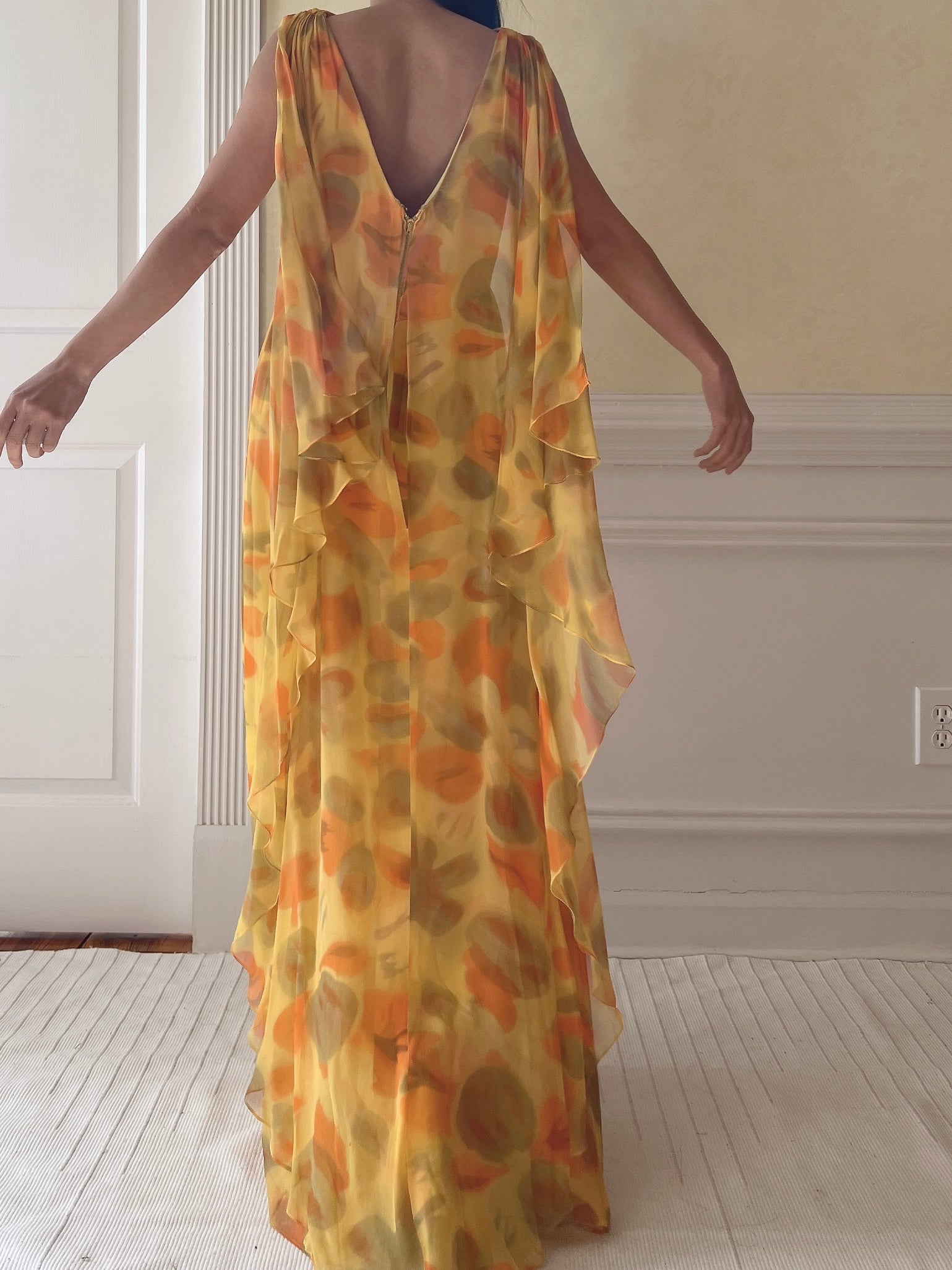 1960s Silk Chiffon Cape Gown - M