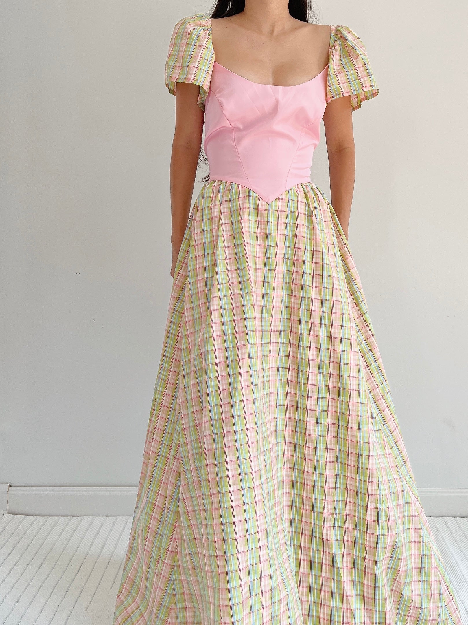 1970s Vintage Plaid Taffeta Dress - M