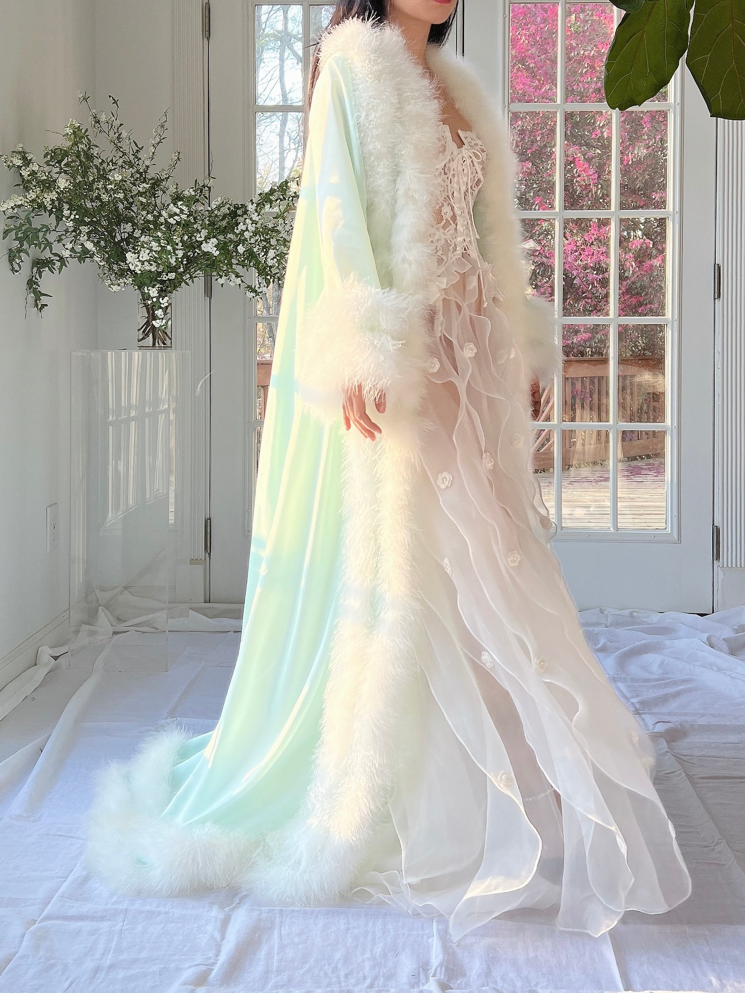 1960s Satin Feather Dressing Gown - OSFM
