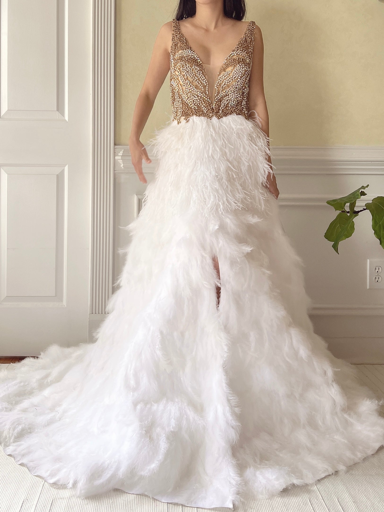 Hand Beaded Feather Gown - S/6
