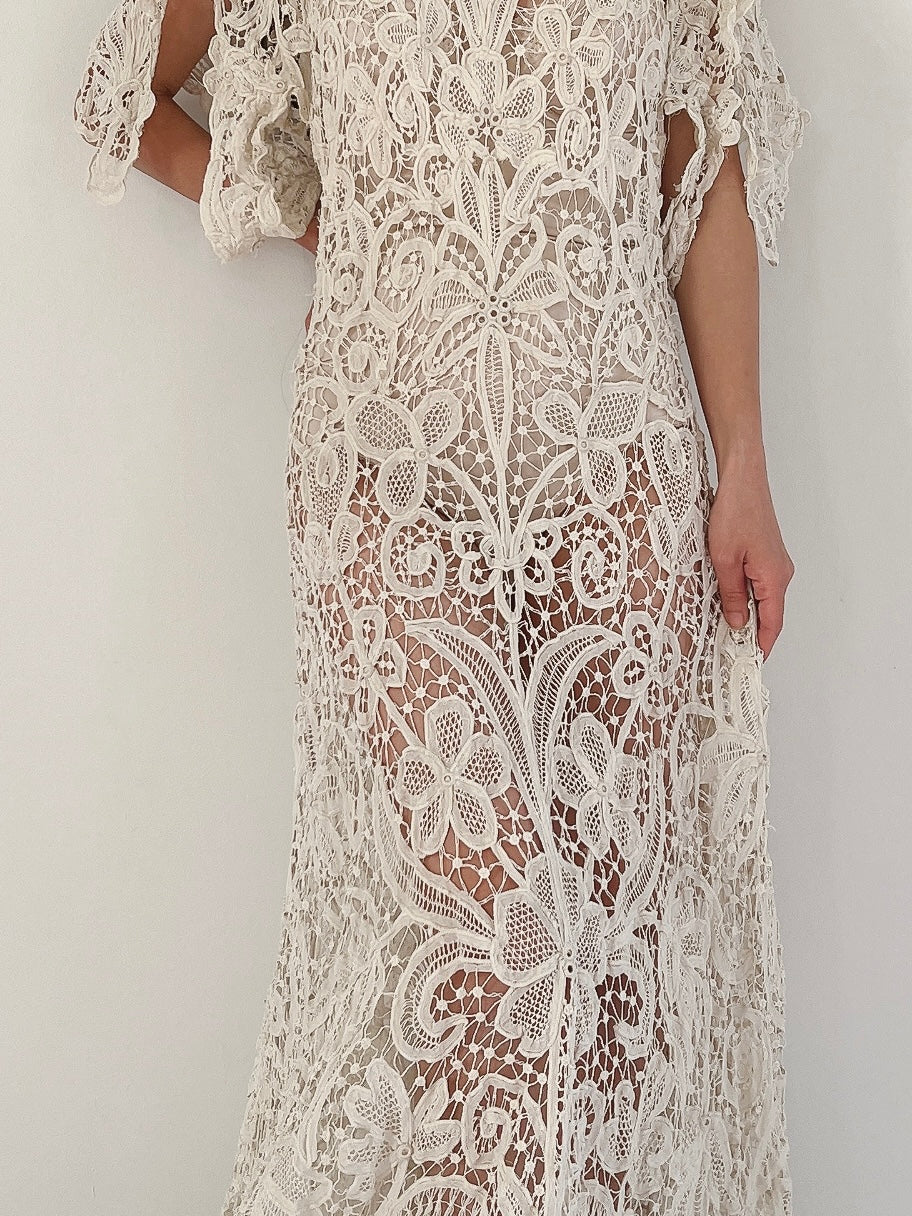 Rare Antique Battenburg Tape Lace Gown - S-M