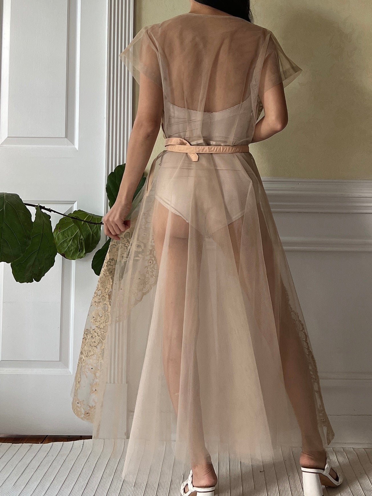 1950s Beige Tulle Sheer Dress - M