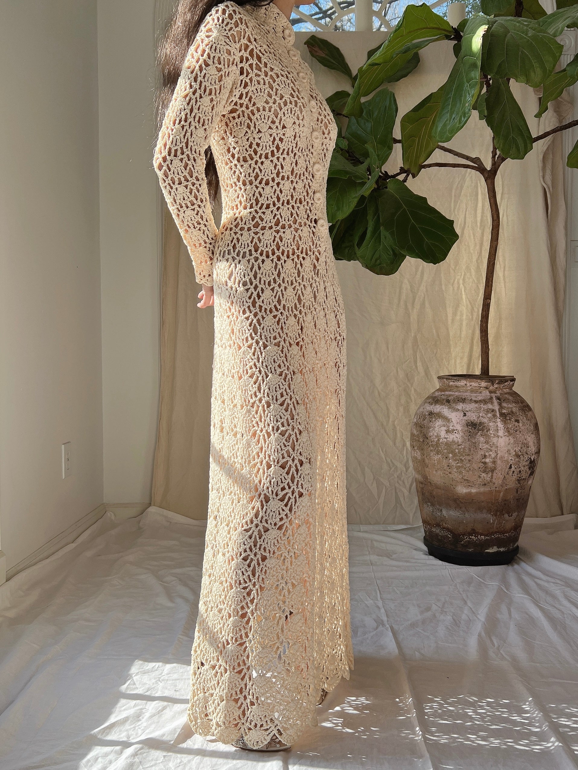 1970s Long Sleeves Crochet Dress - S-M