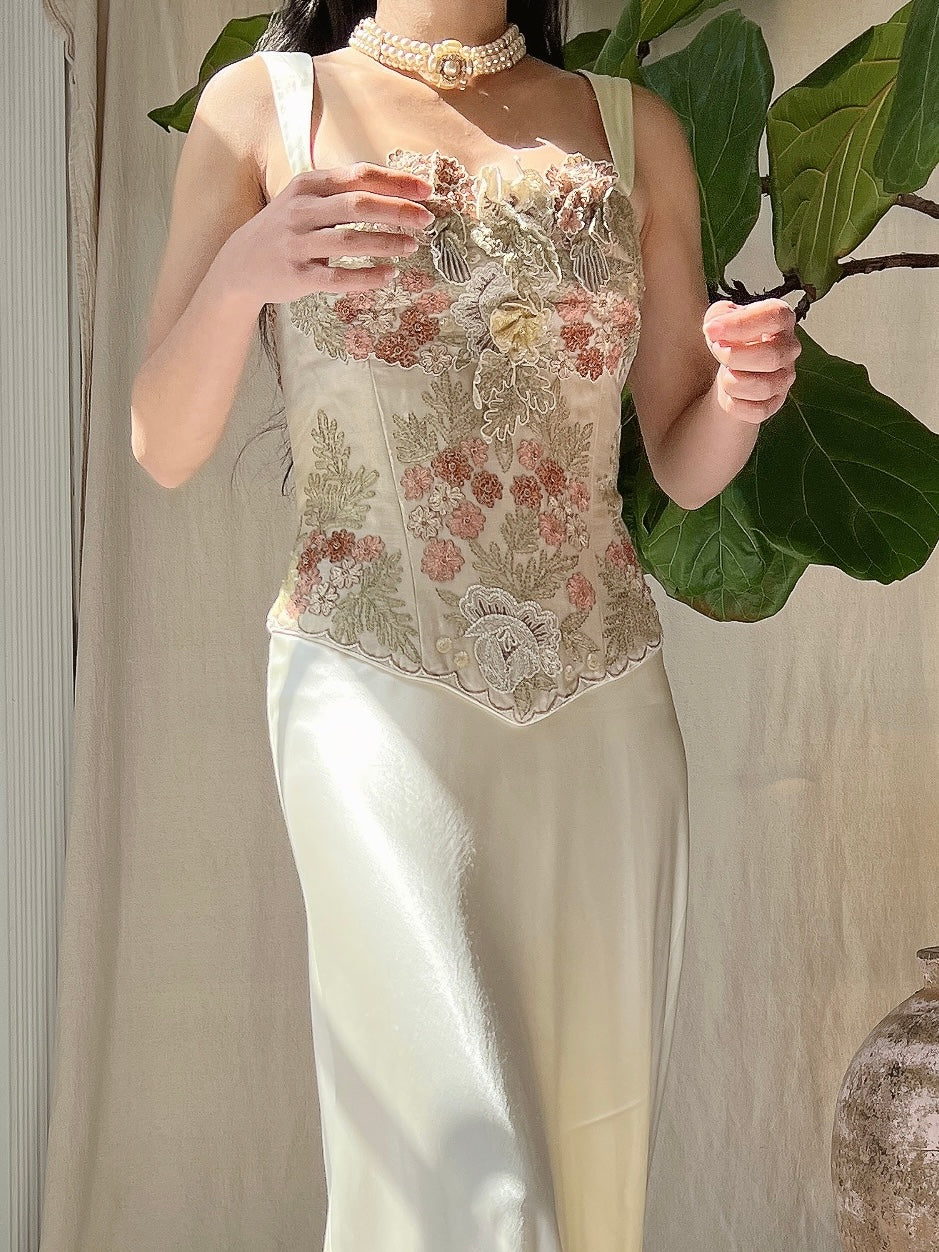Vintage Eavis and Brown Silk Embroidered Corset - S-L