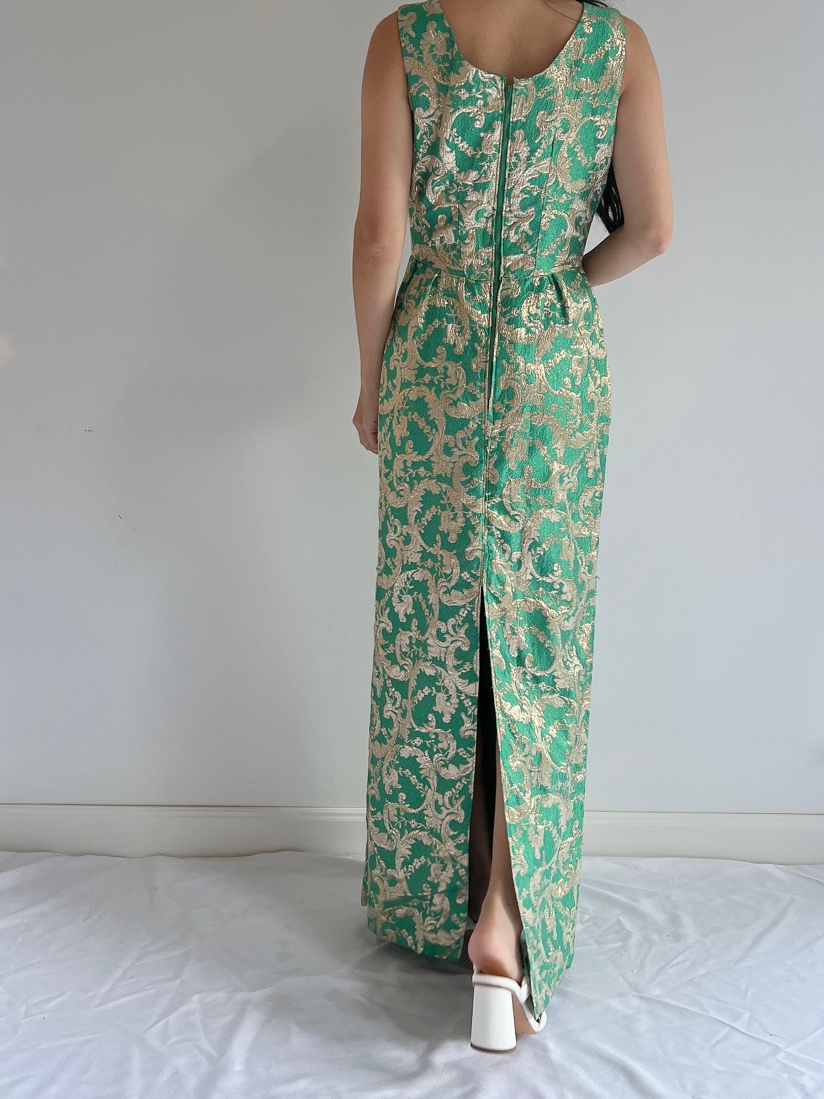 1960s Emerald Brocade Dress - S/M