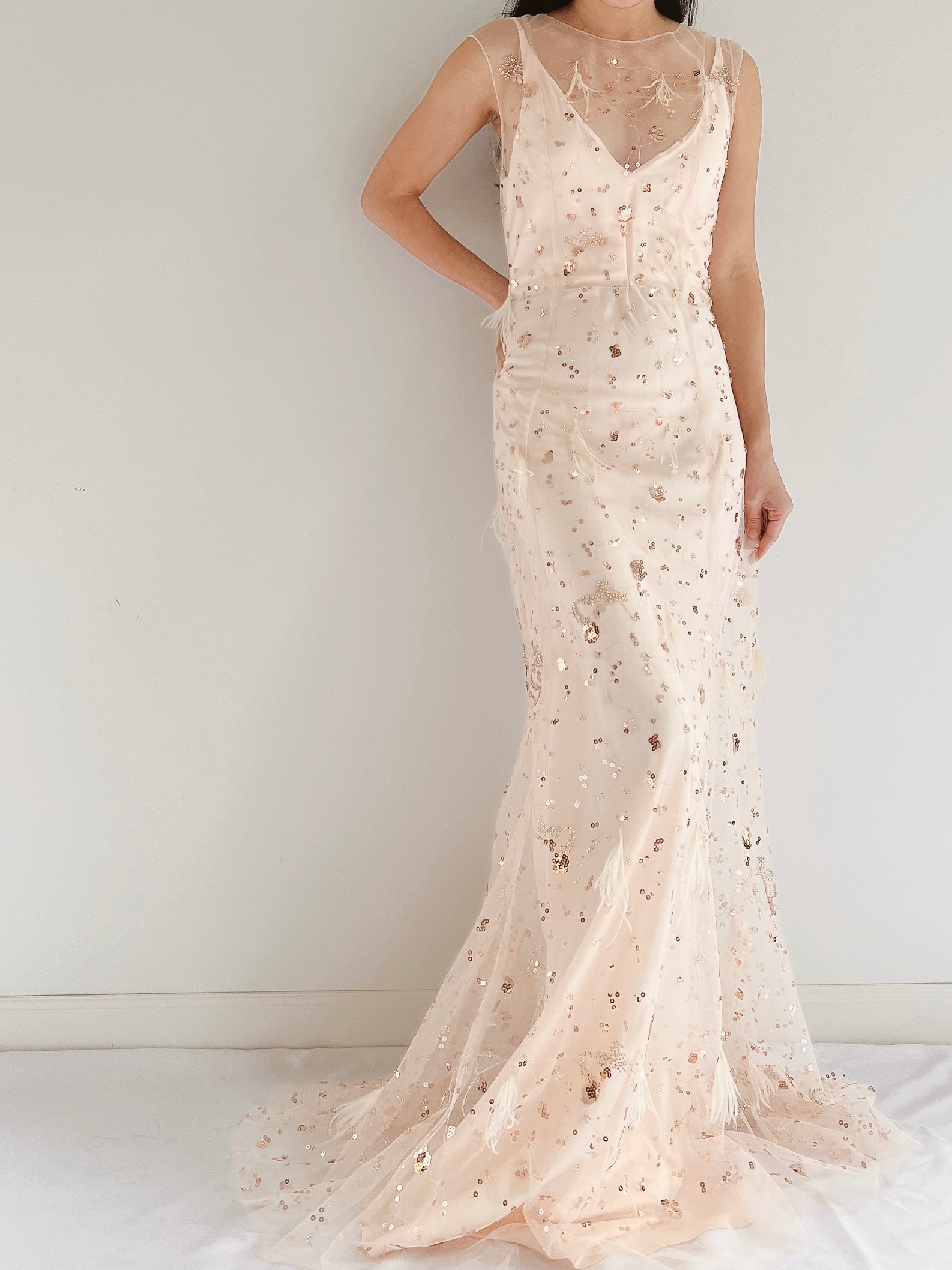 GOSSAMER Tulle Peach Sequins and Feather Gown - S/M