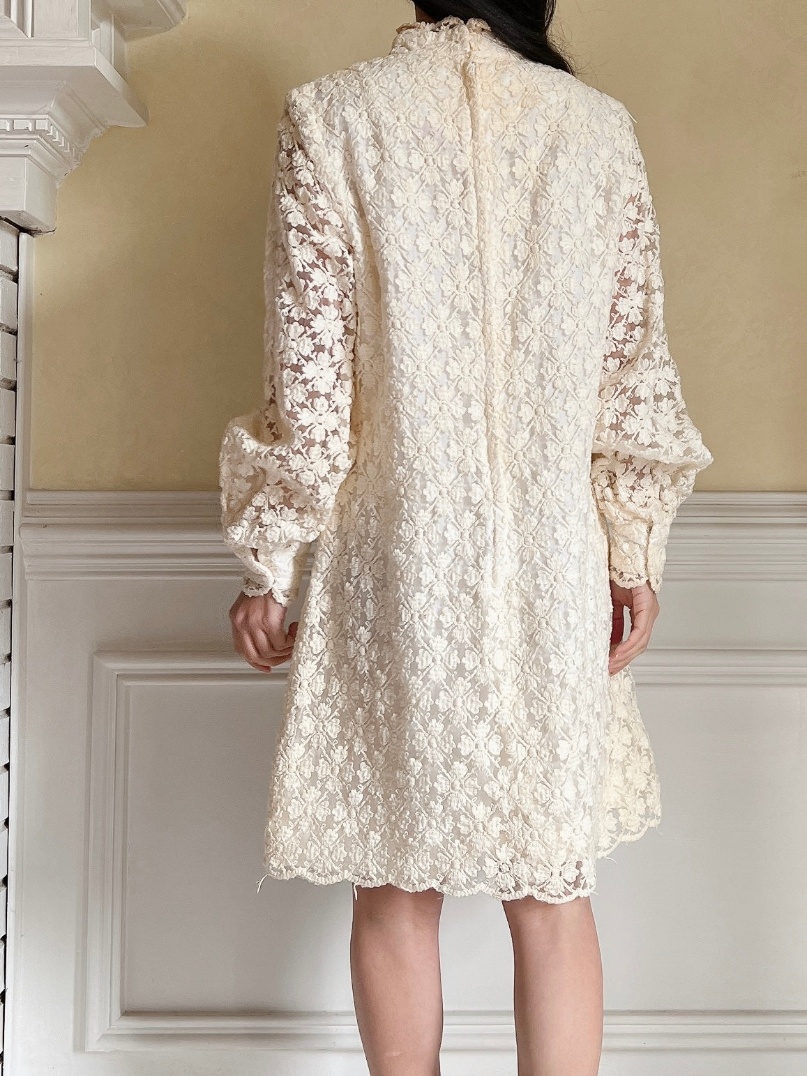 1960s Puff Sleeve Embroidered Dress - M