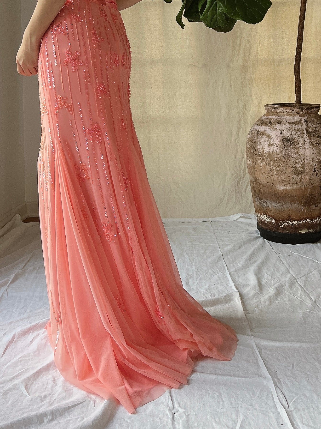 Vintage Sherbet Tulle Beaded Gown - M