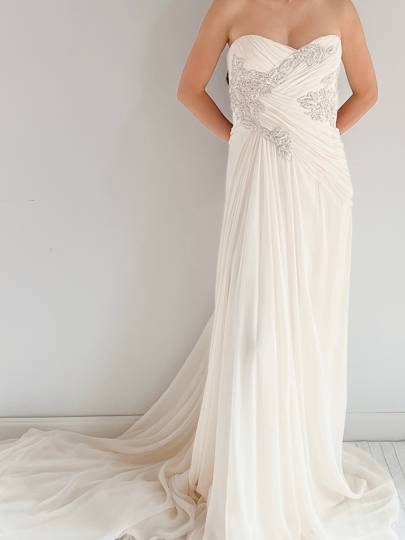 Marchesa Ivory Silk Chiffon Draped Gown - M/L 10