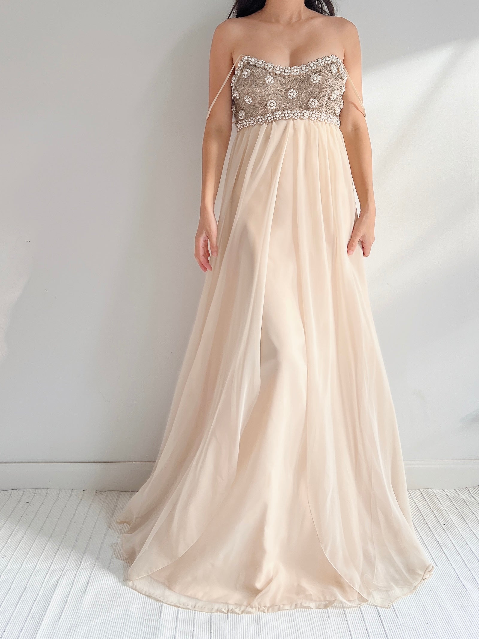 1960s Empire Chiffon Beaded Gown - XS