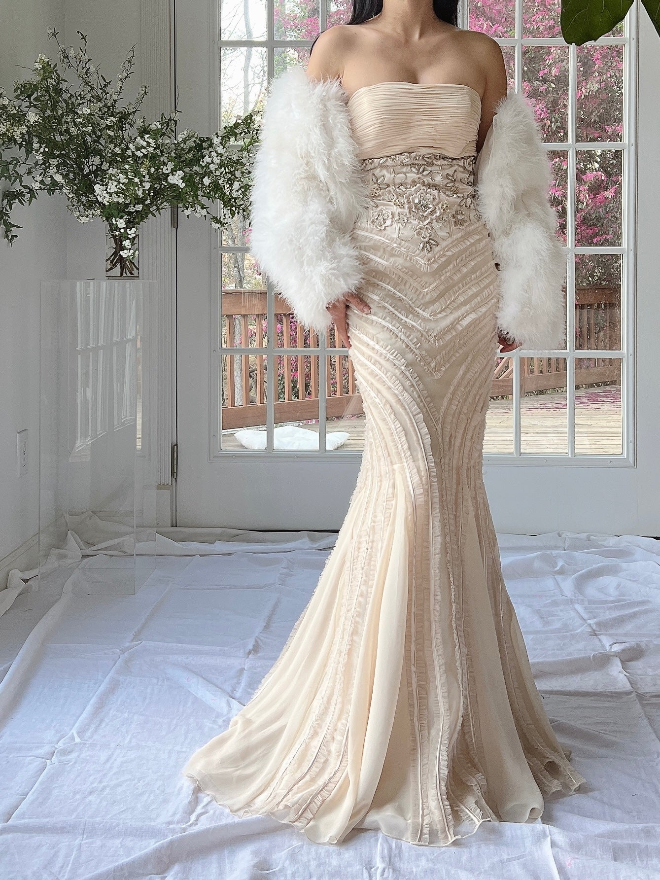 Y2K Almond Ruffle Beaded Dress - XS