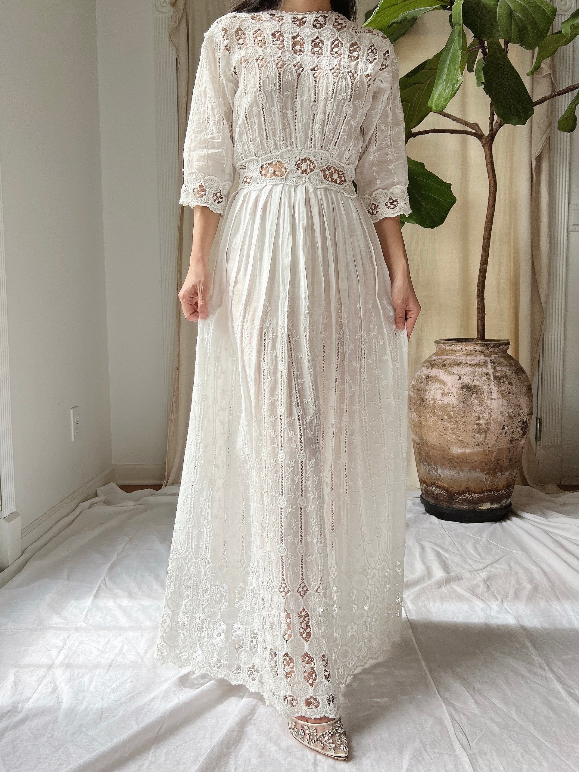 Antique Cotton Embroidered Dress - S
