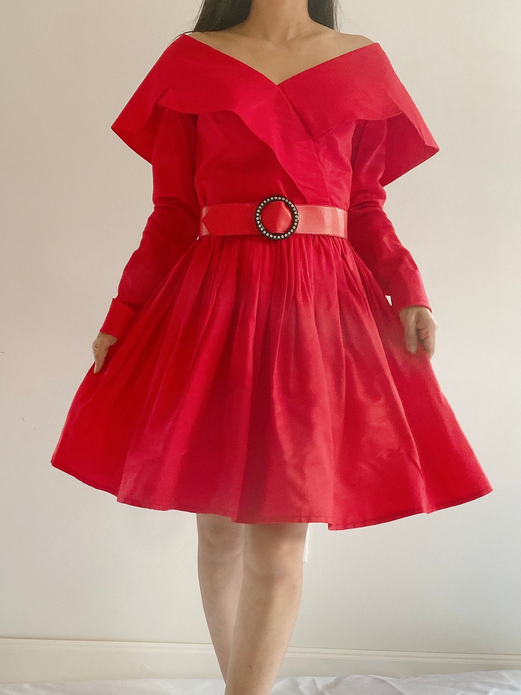 Vintage Taffeta Wide Shoulder Dress - S