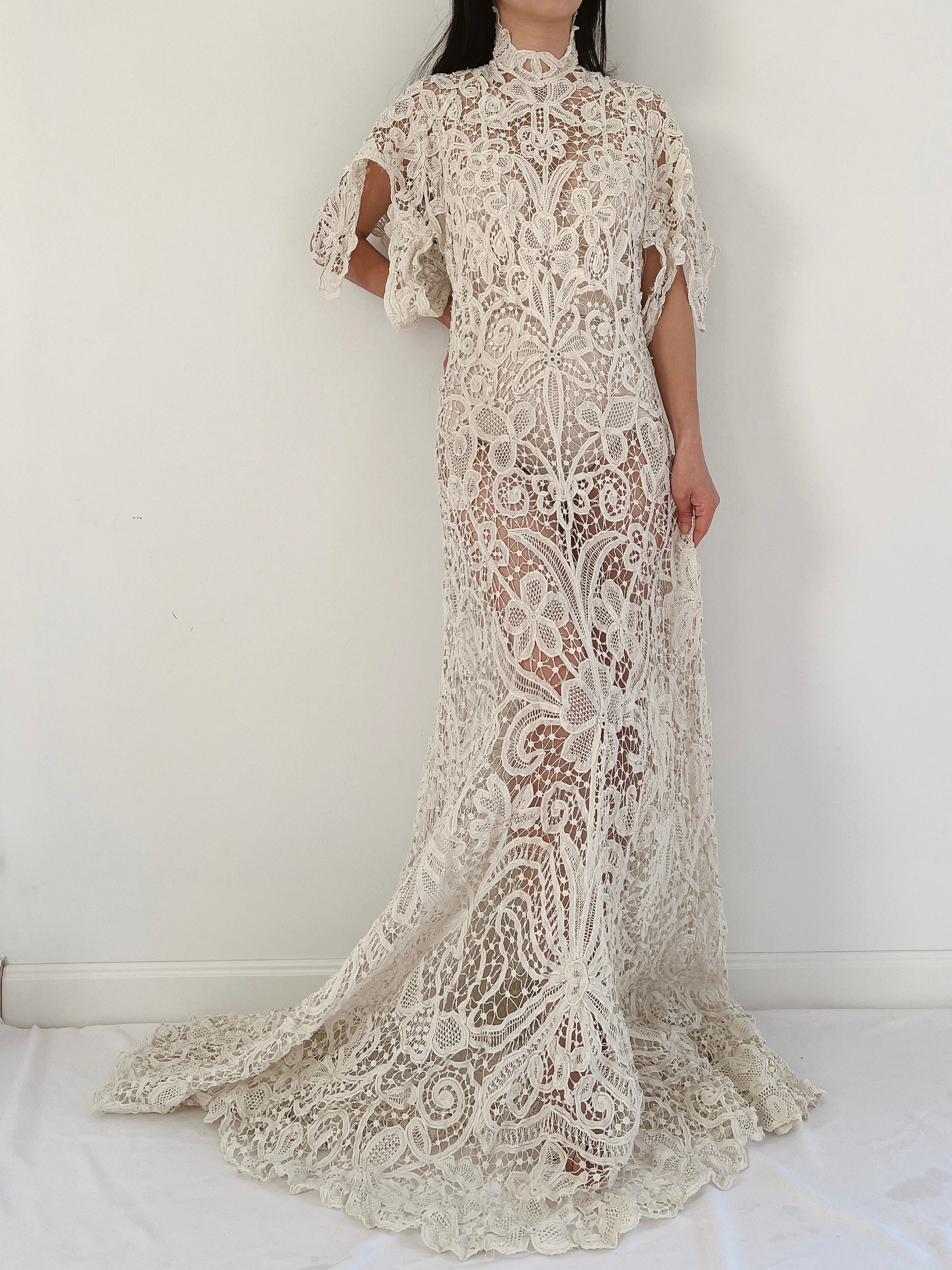 Rare Antique Battenburg Tape Lace Gown - S-M
