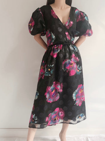 Vintage Puff Sleeves Floral Dress - S-M