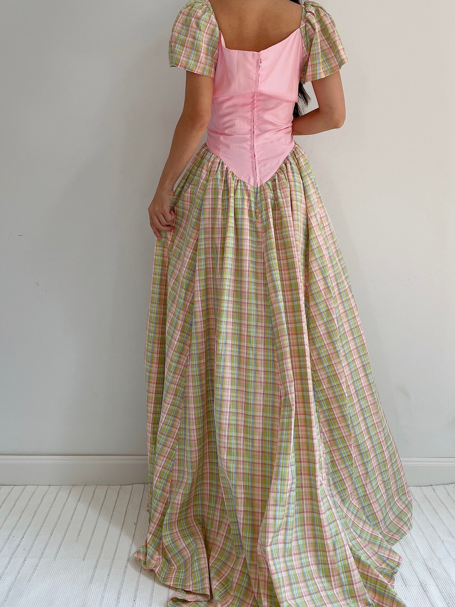 1970s Vintage Plaid Taffeta Dress - M