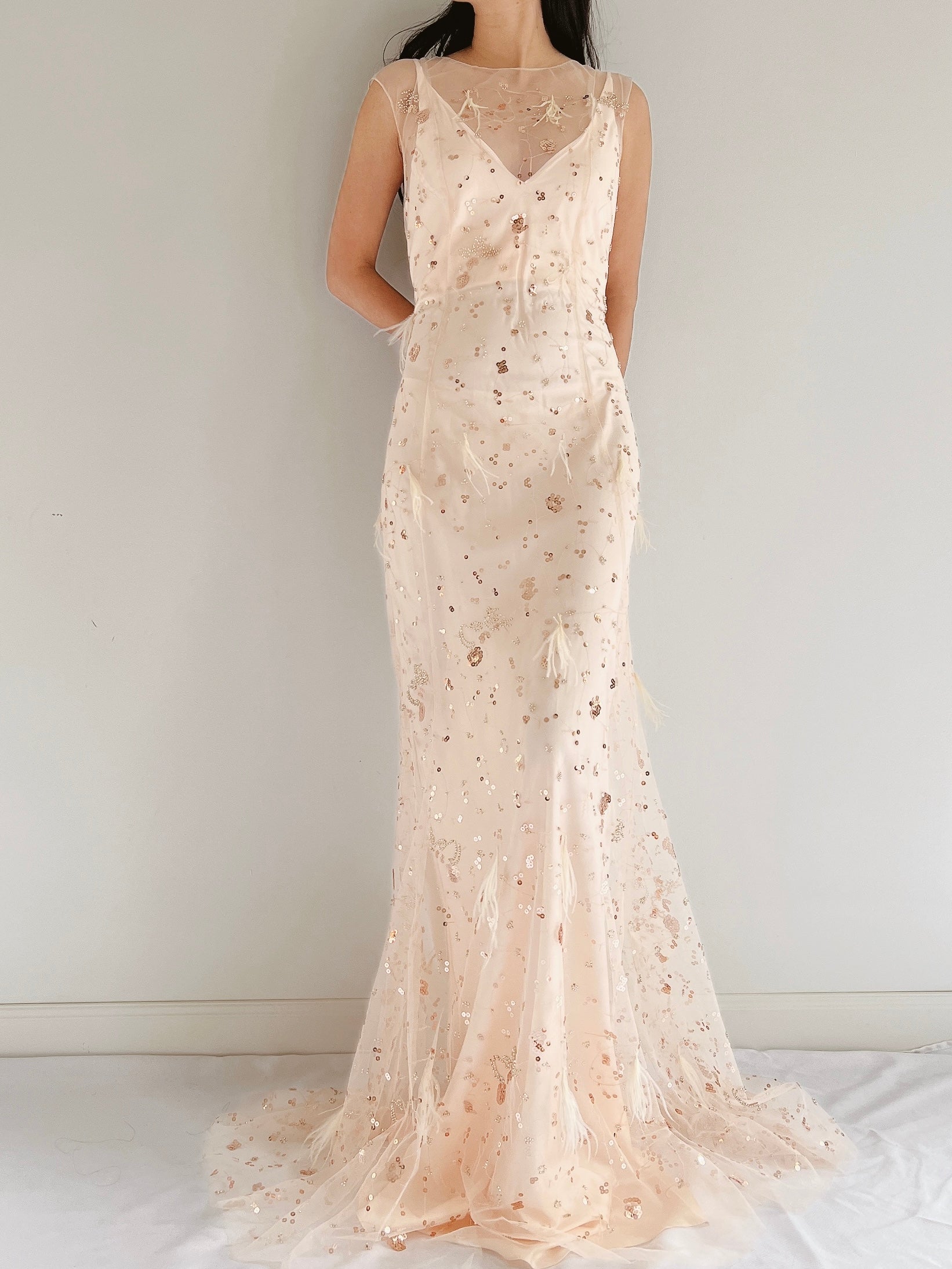 GOSSAMER Tulle Peach Sequins and Feather Gown - S/M