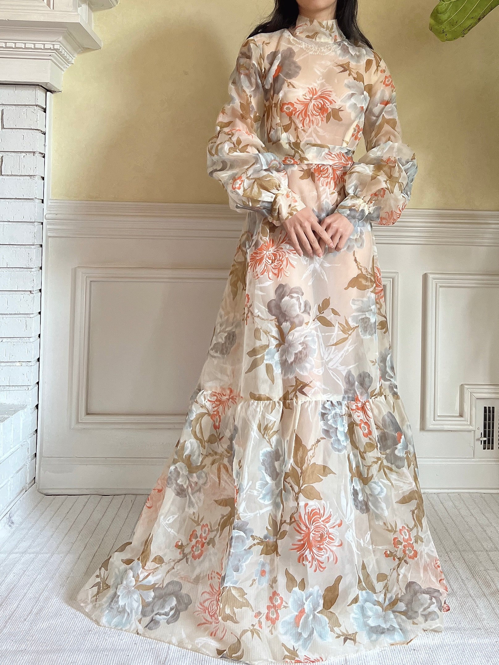 Vintage Puff Sleeve Floral Dress - S/M
