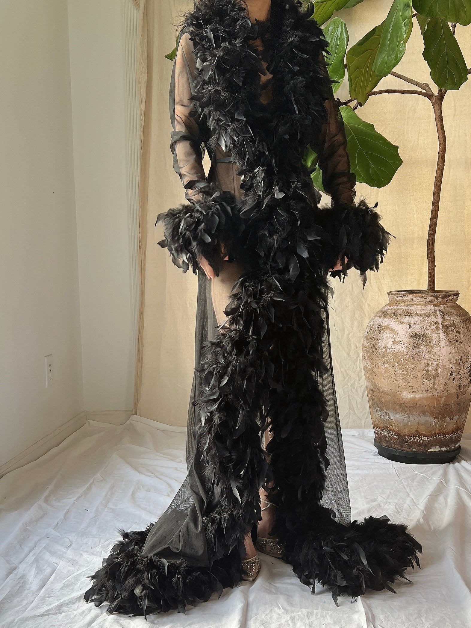 Vintage Black Feather Robe - OSFM