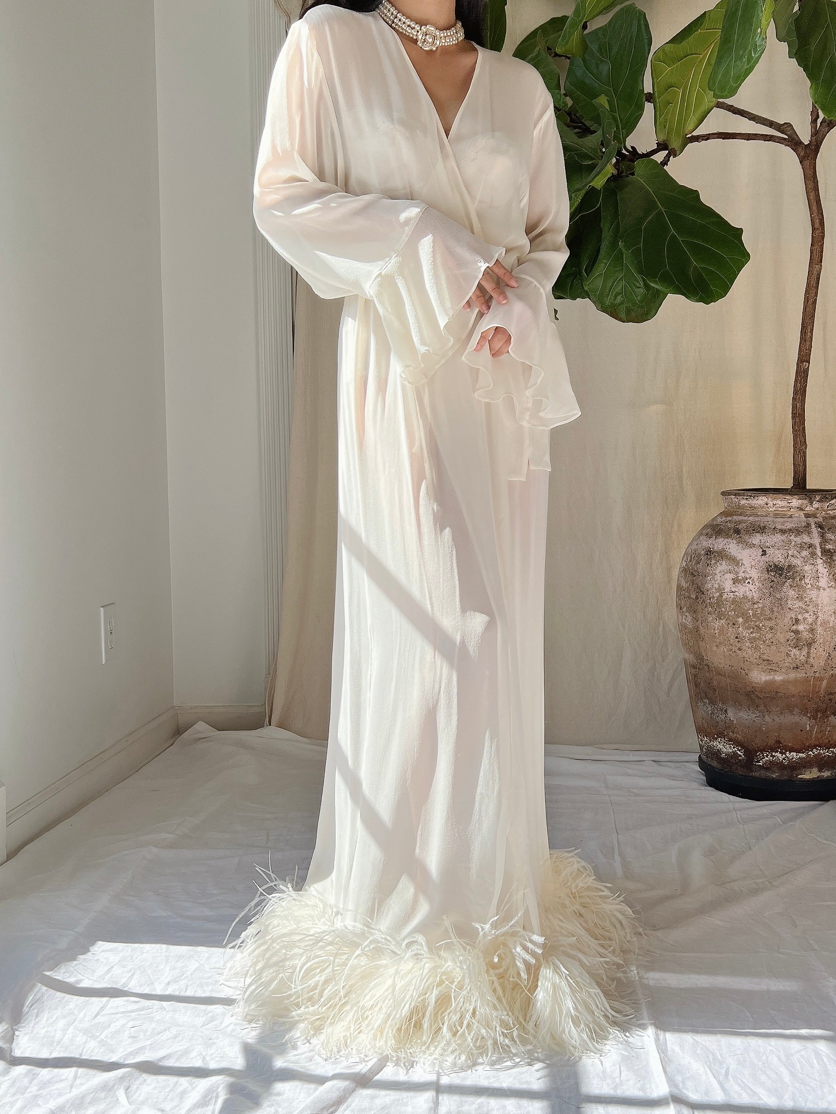 Vintage Silk Feathered Robe - M