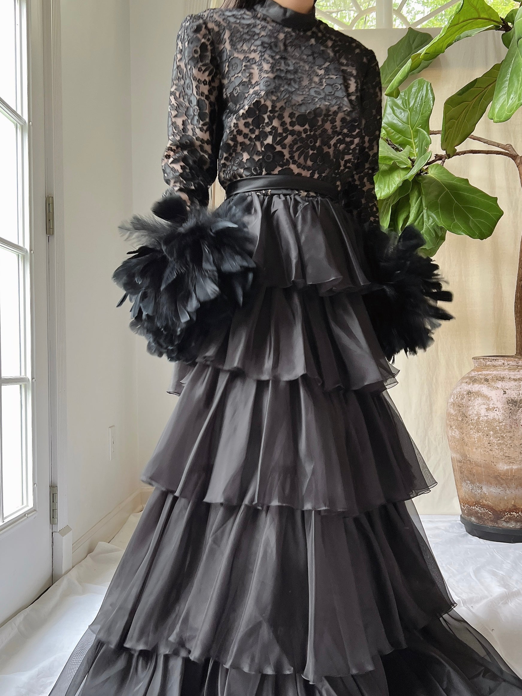 Vintage Organza Feather Sleeve Dress - XS/S