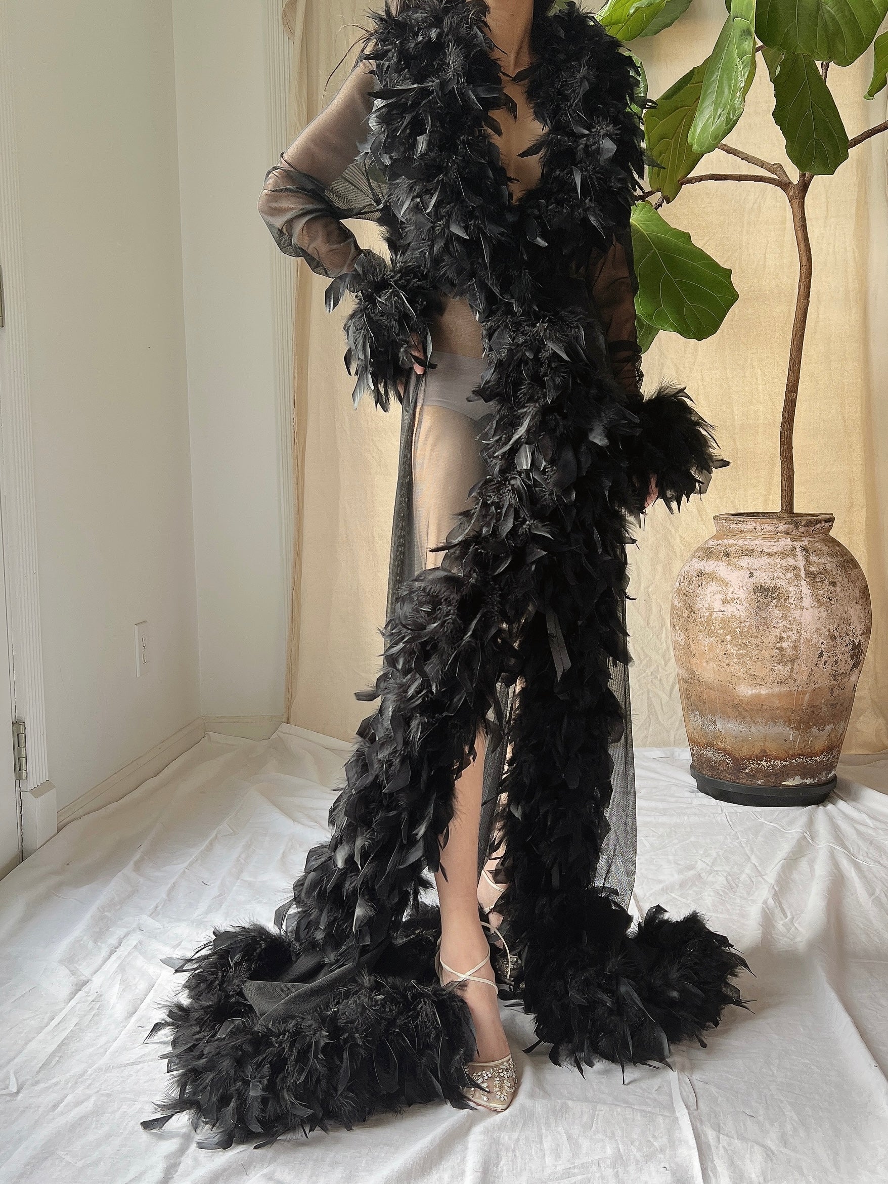 Vintage Black Feather Robe - OSFM