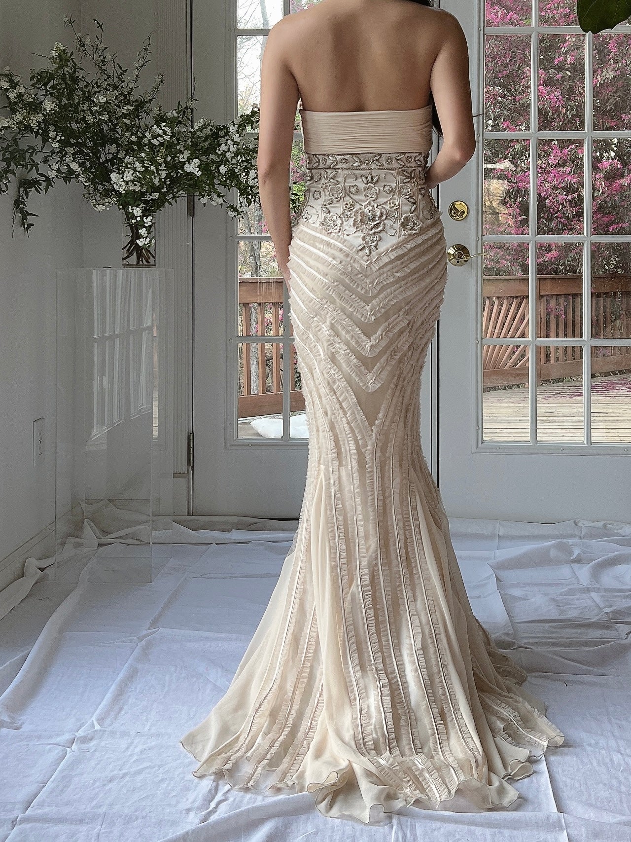 Y2K Almond Ruffle Beaded Dress - XS
