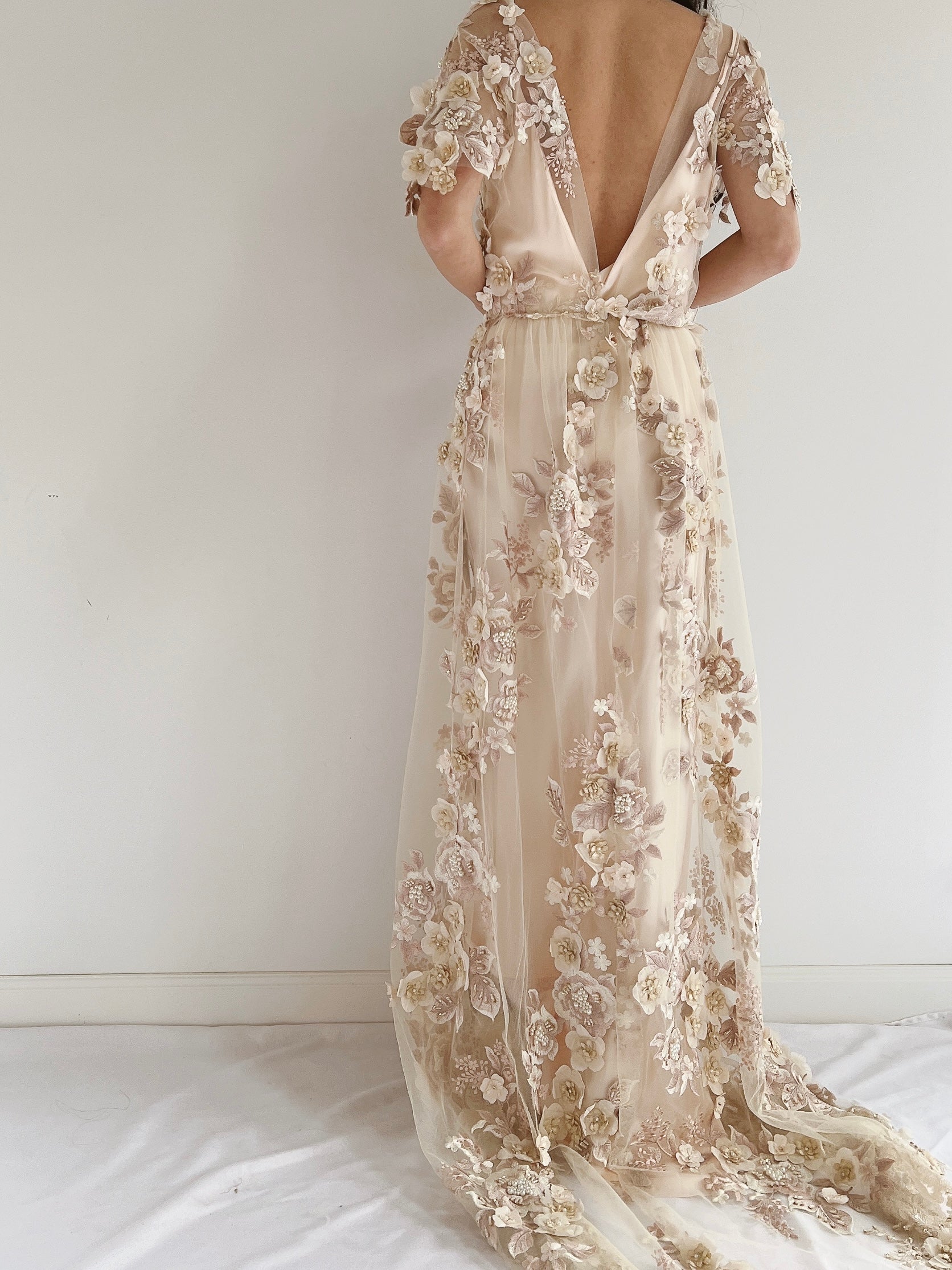 GOSSAMER Embroidered Cap Sleeves Gown - S/M