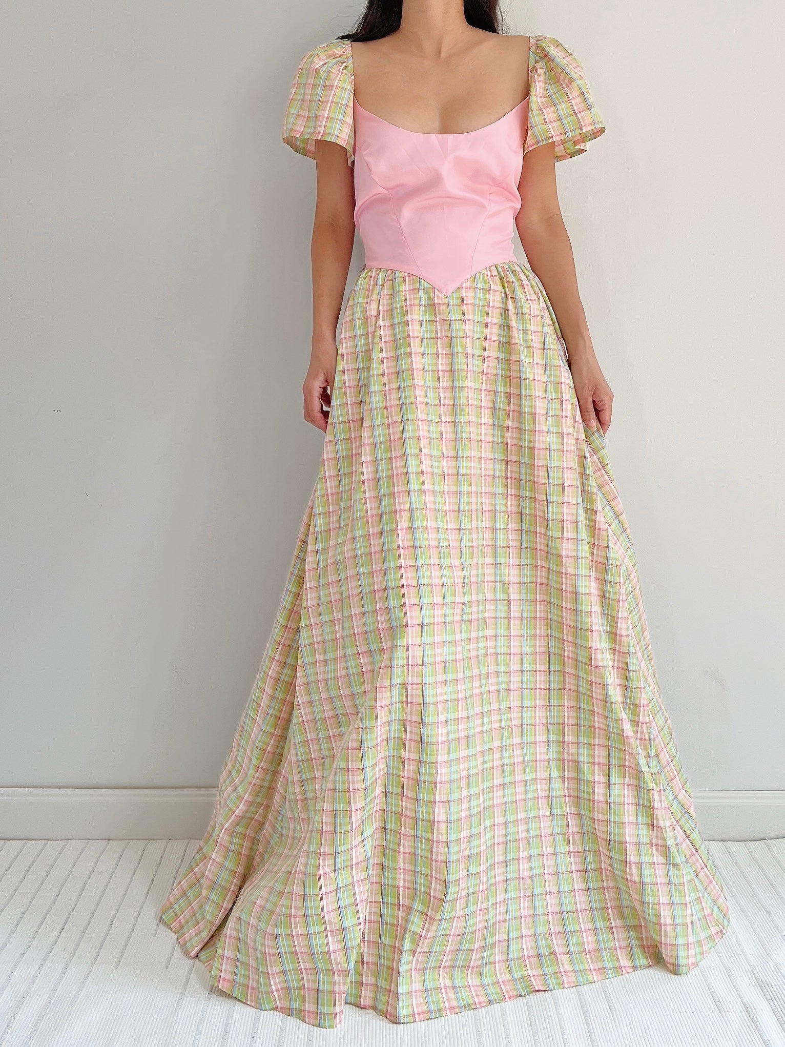 1970s Vintage Plaid Taffeta Dress - M