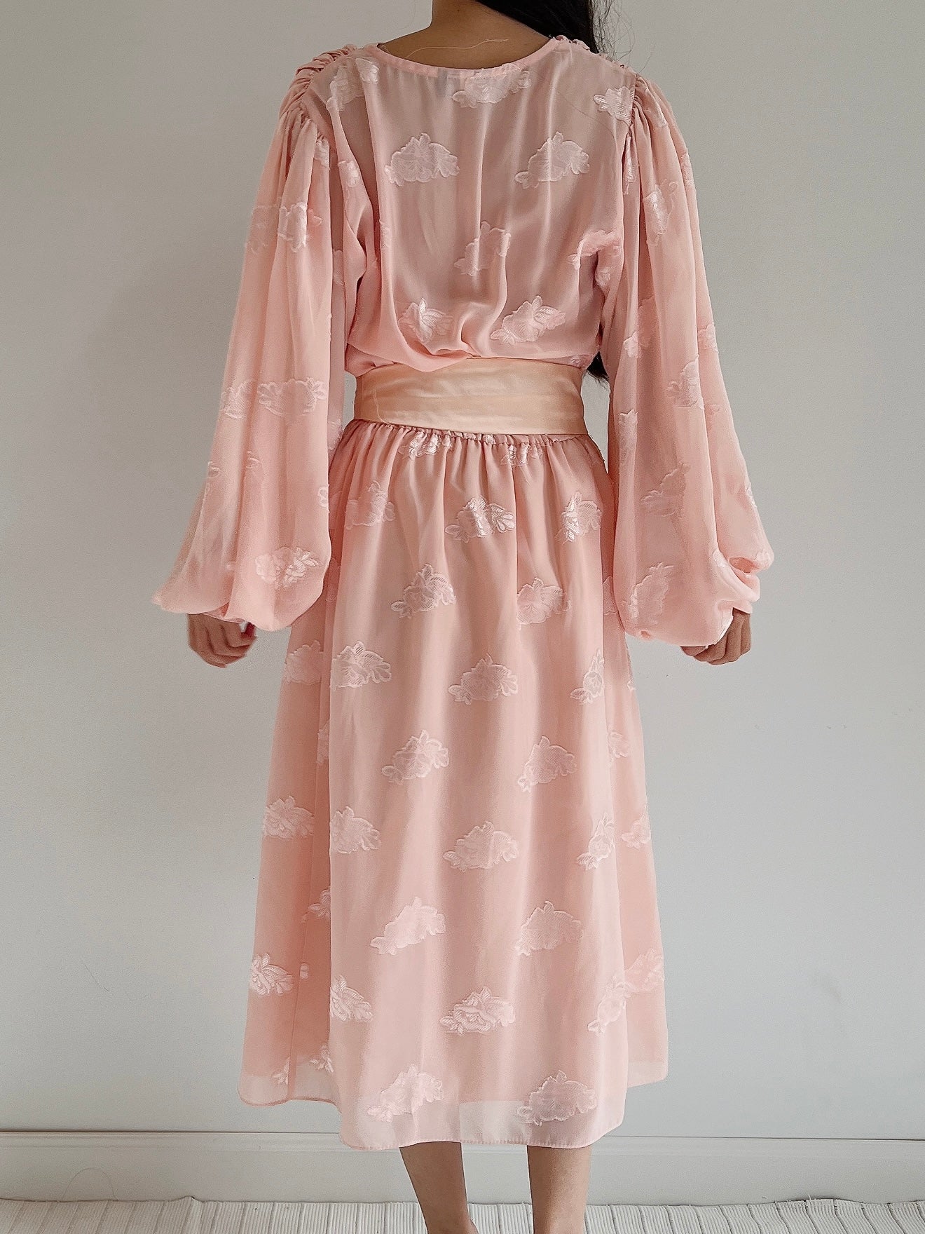 1980s Pink Puffed Sleeves Faux Wrap Dress - M