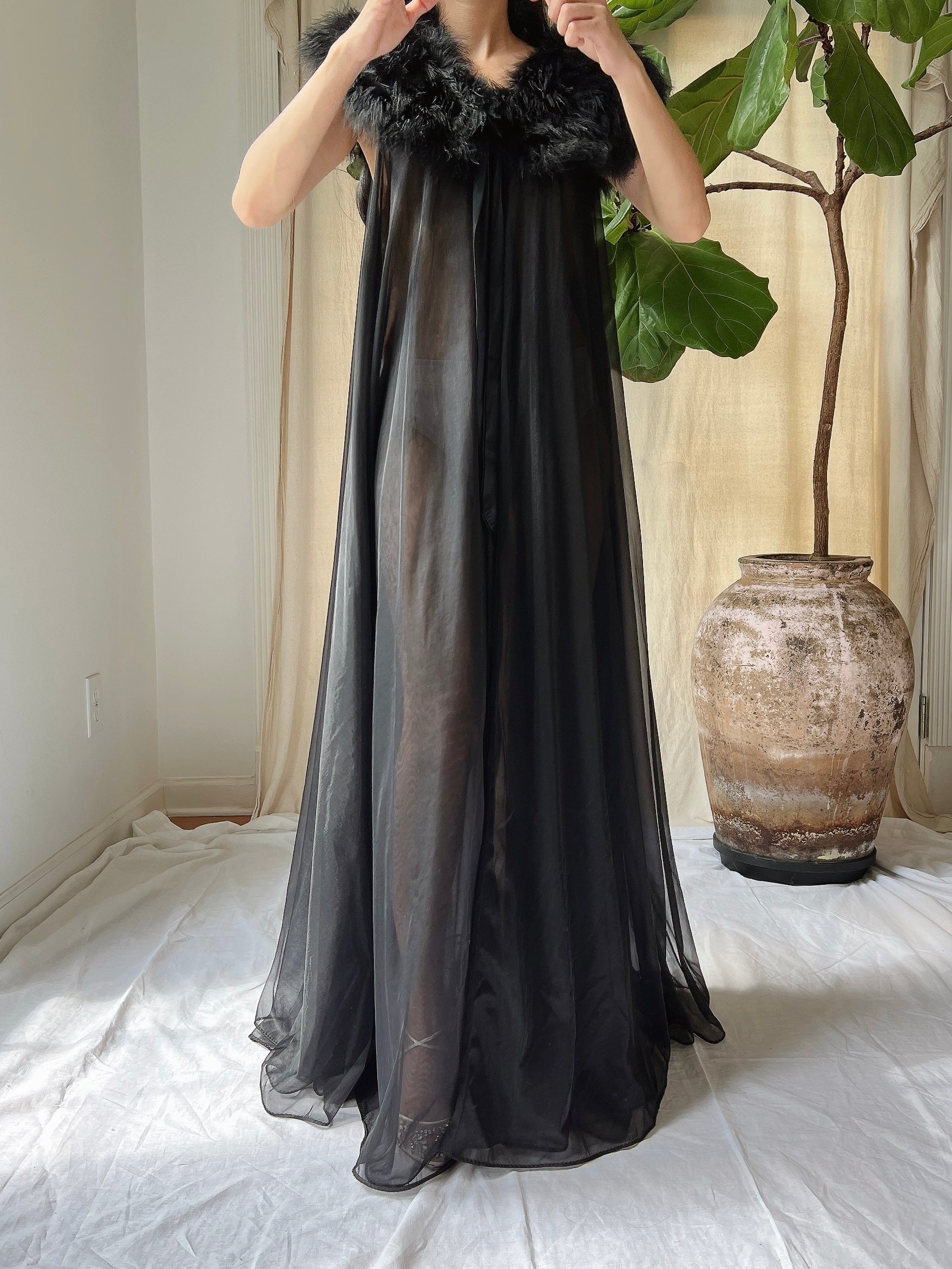Vintage Feather Collar Nylon Dressing Gown - OSFM