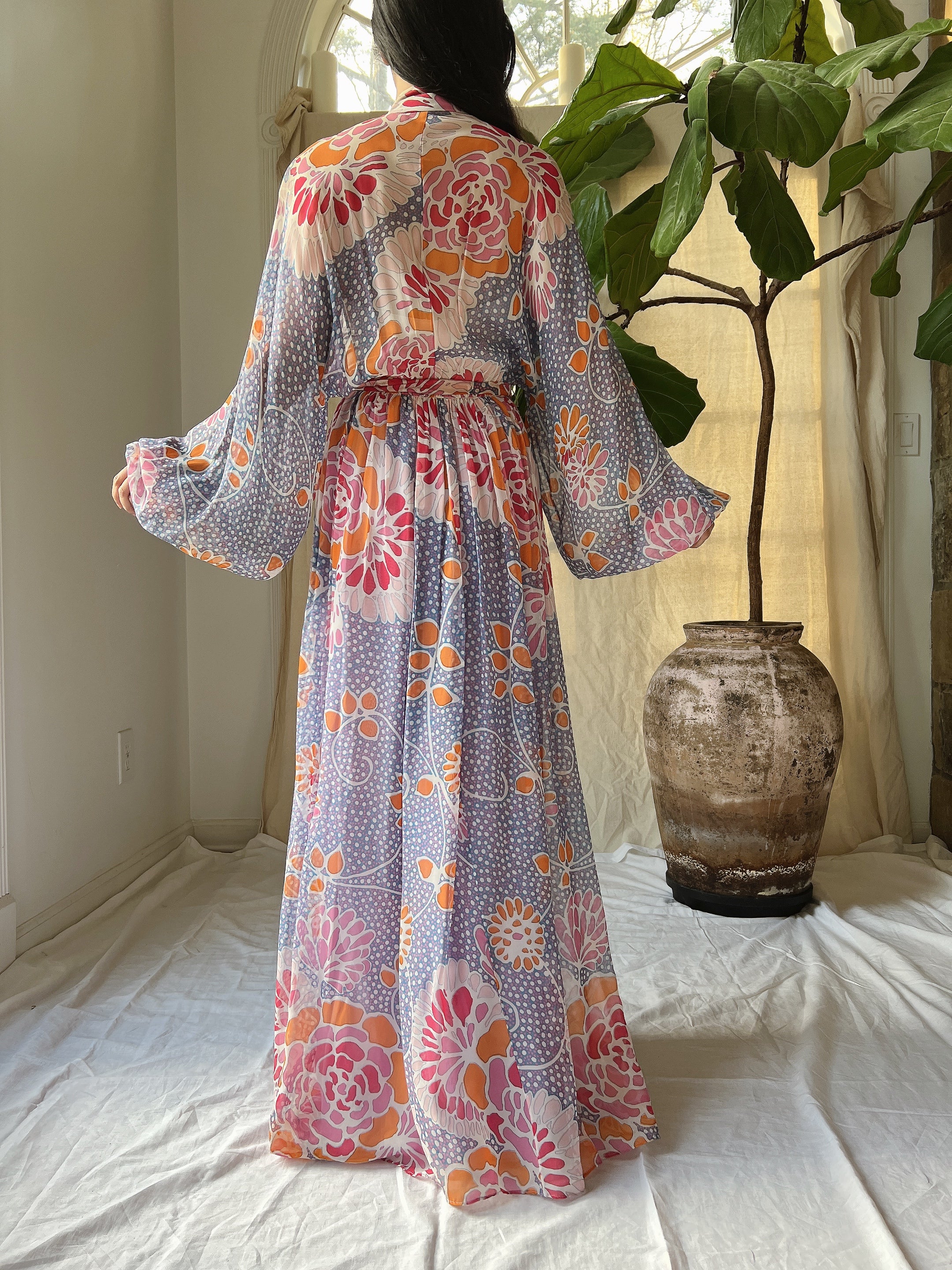 1970s Albert Capraro Chiffon Poet Sleeve Gown - S/M