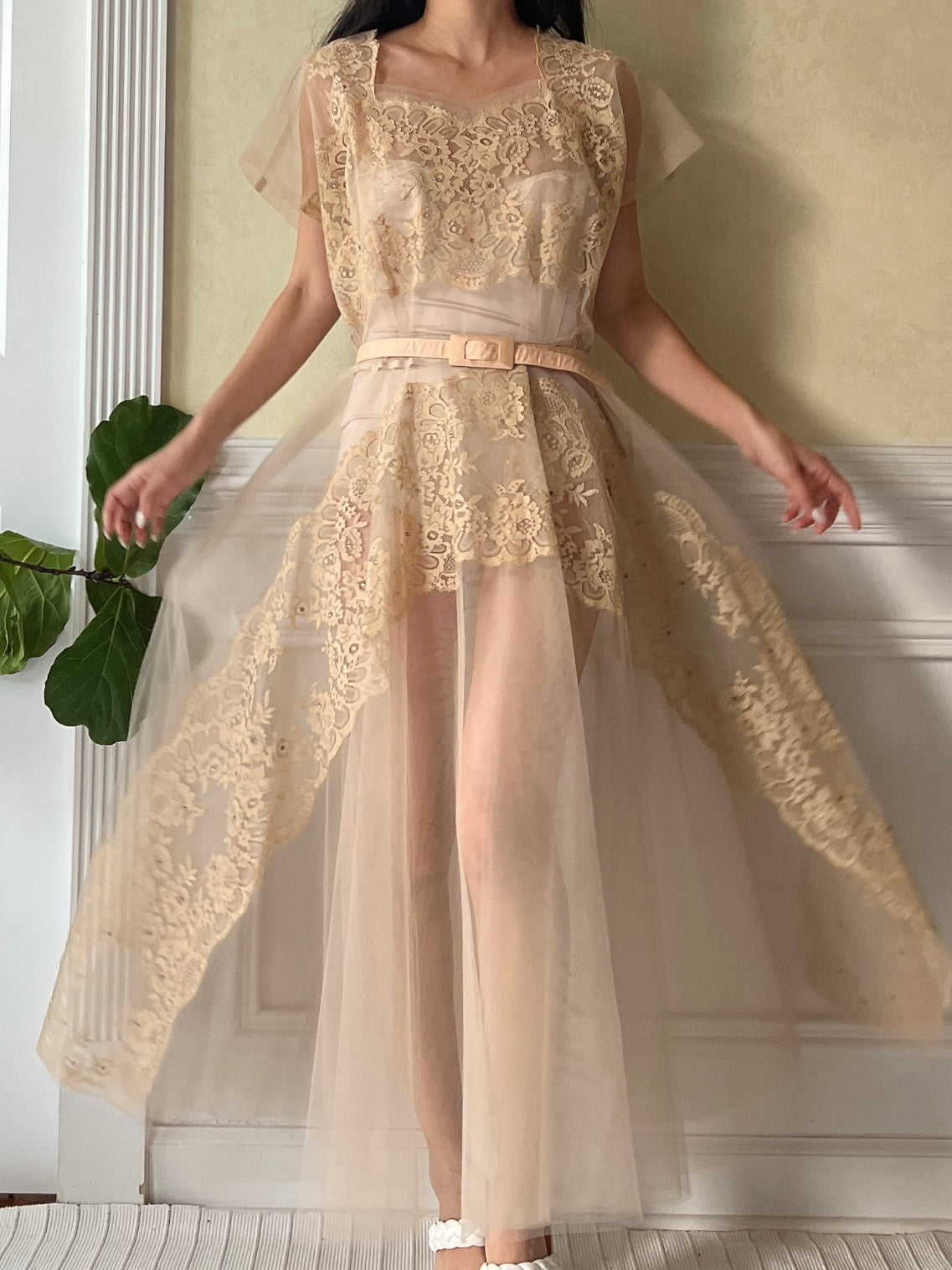 1950s Beige Tulle Sheer Dress - M