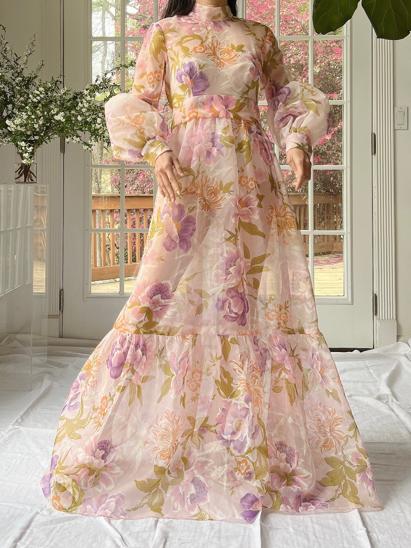 Vintage Sheer Pink Floral Voile Dress - M