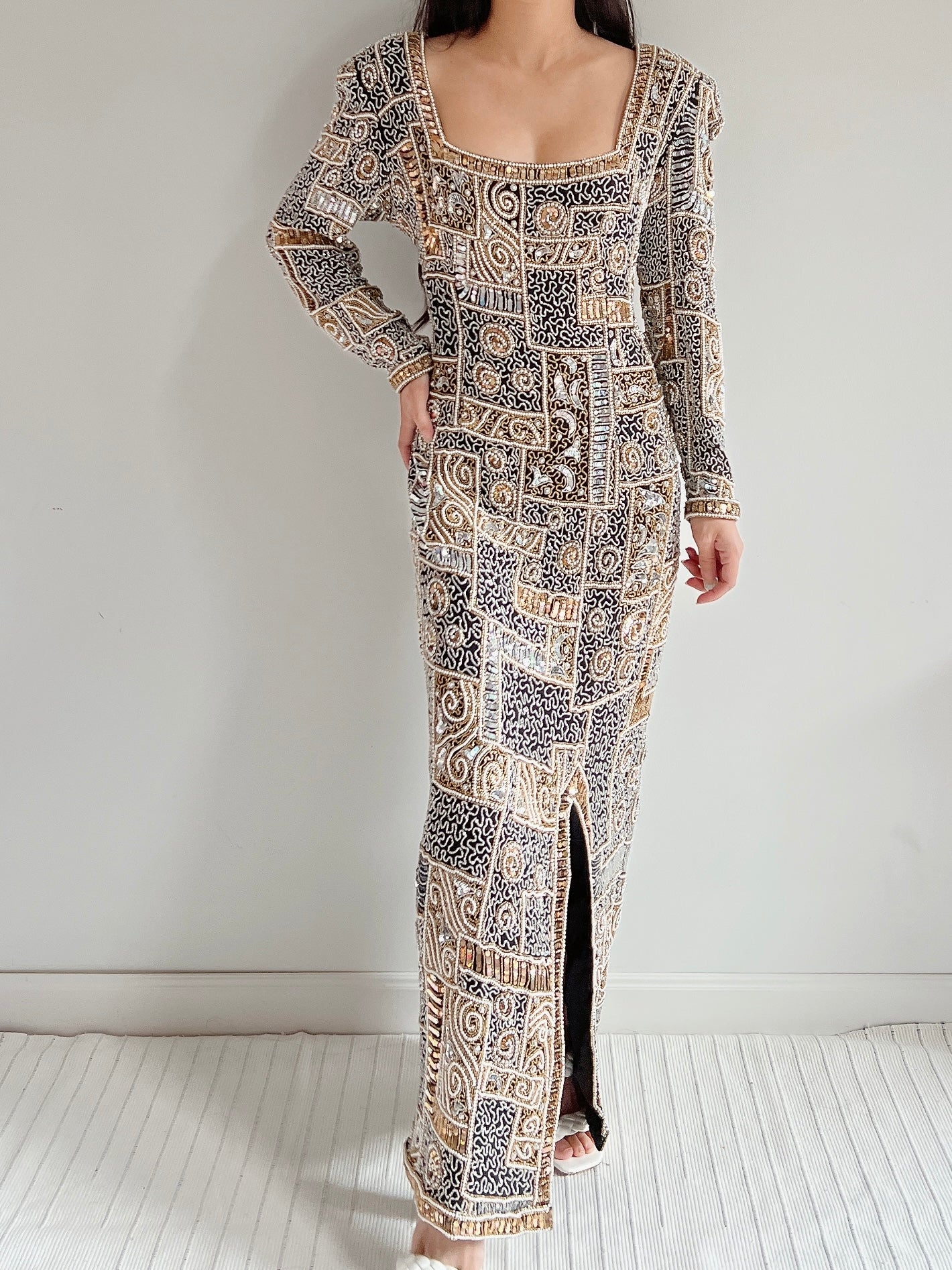 1980s Silk Chiffon Heavily Beaded Gown - M