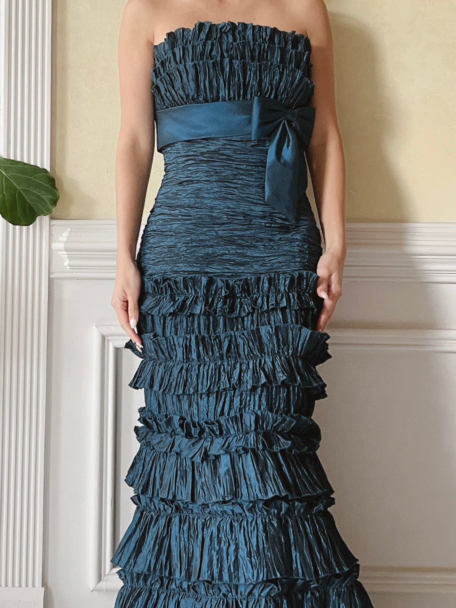 Vintage Dusty Blue Ruffle Dress - M