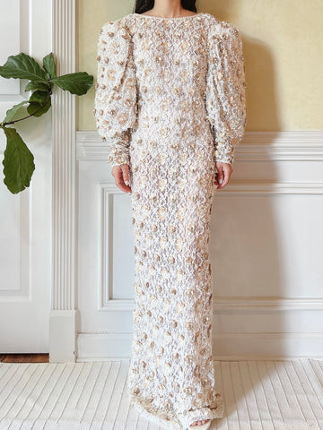 1980s Ivory Lace Pearl Beaded Gown - M