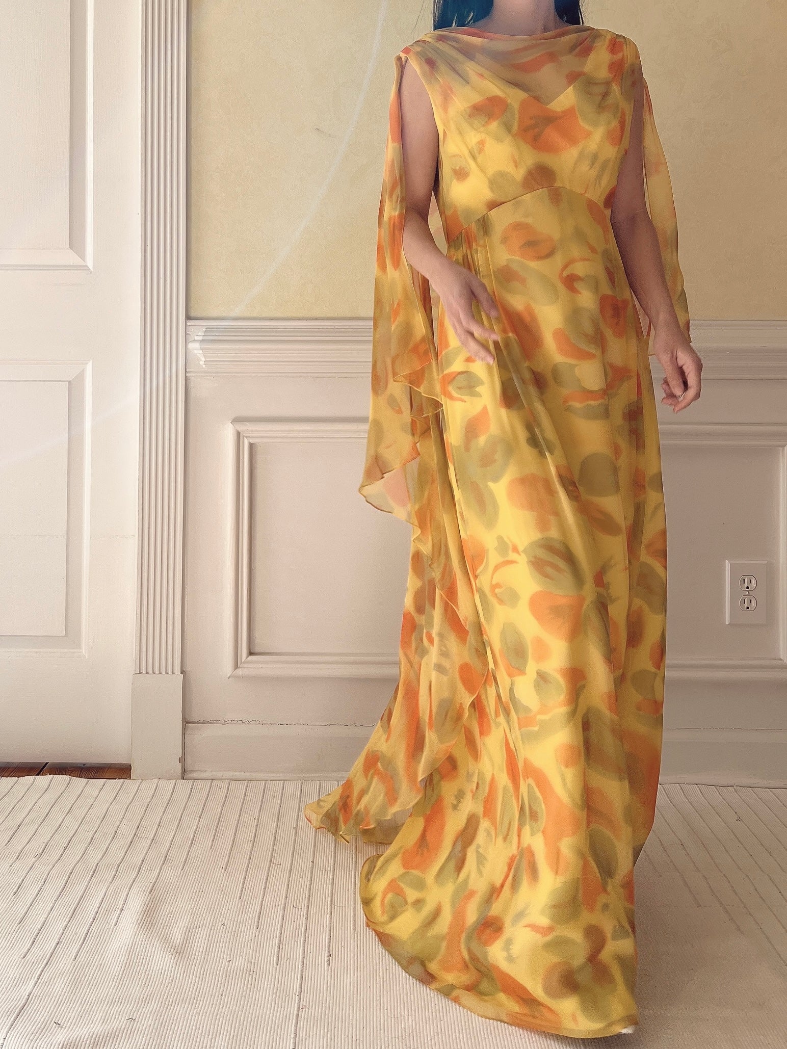 1960s Silk Chiffon Cape Gown - M