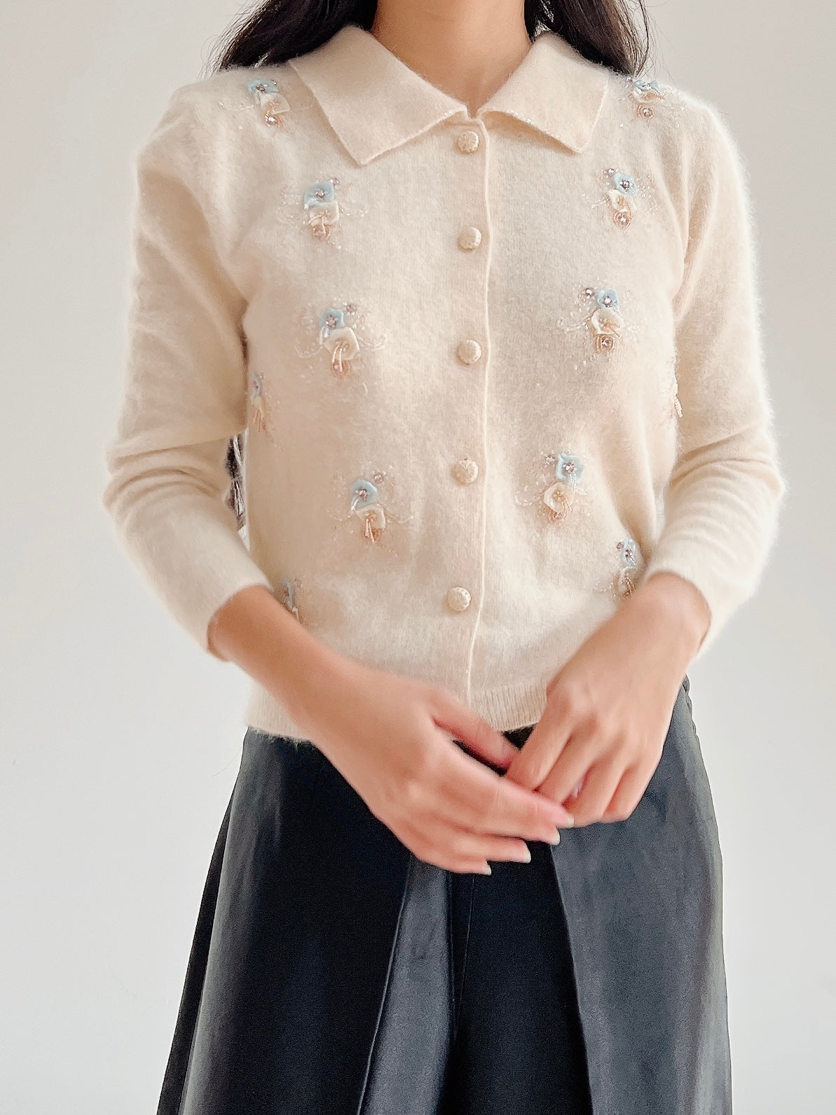 Vintage Beaded 3/4 Sleeve Angora Cardigan - XS