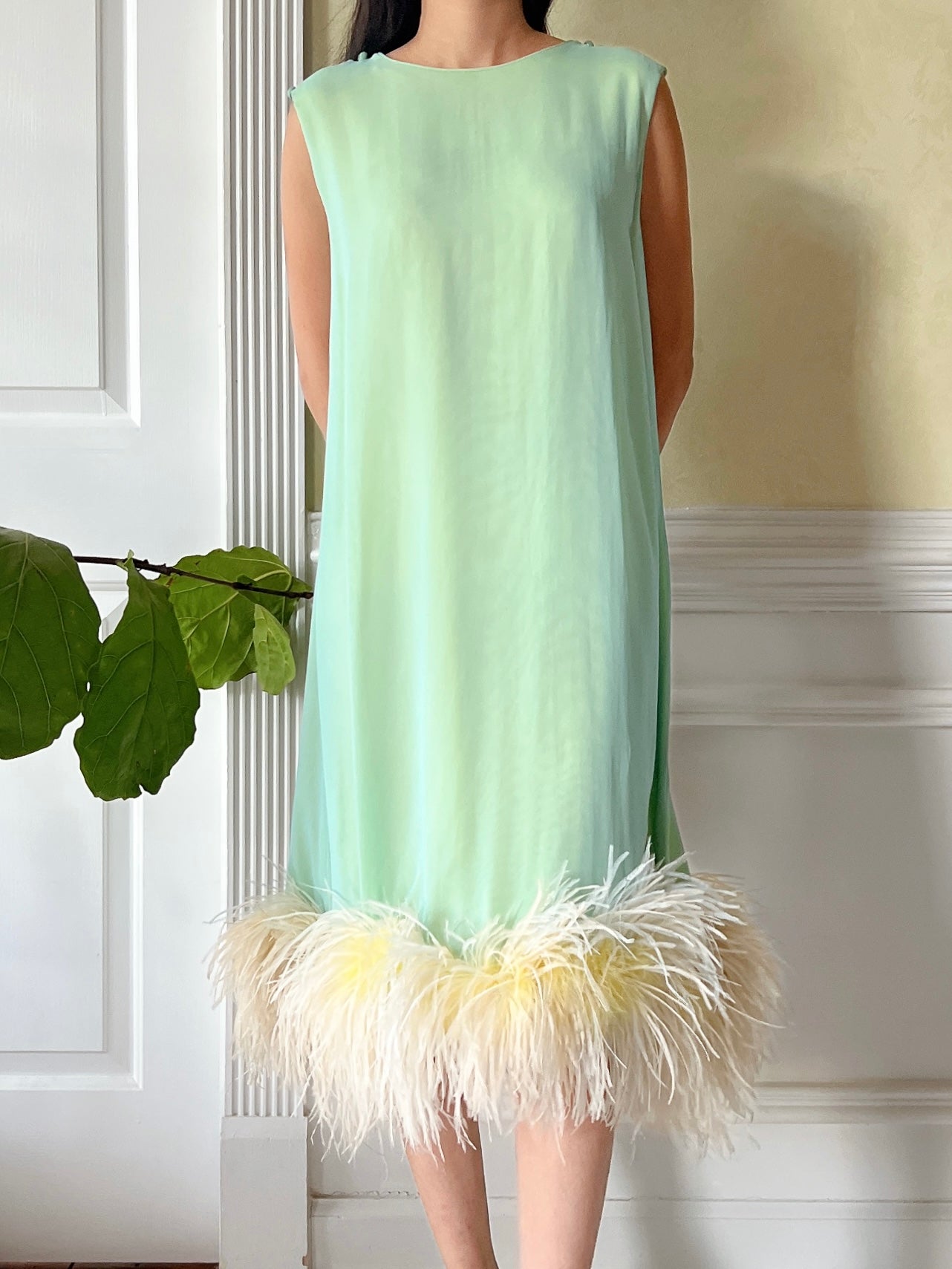 1960s Mint and Yellow Chiffon Feather Dress - S