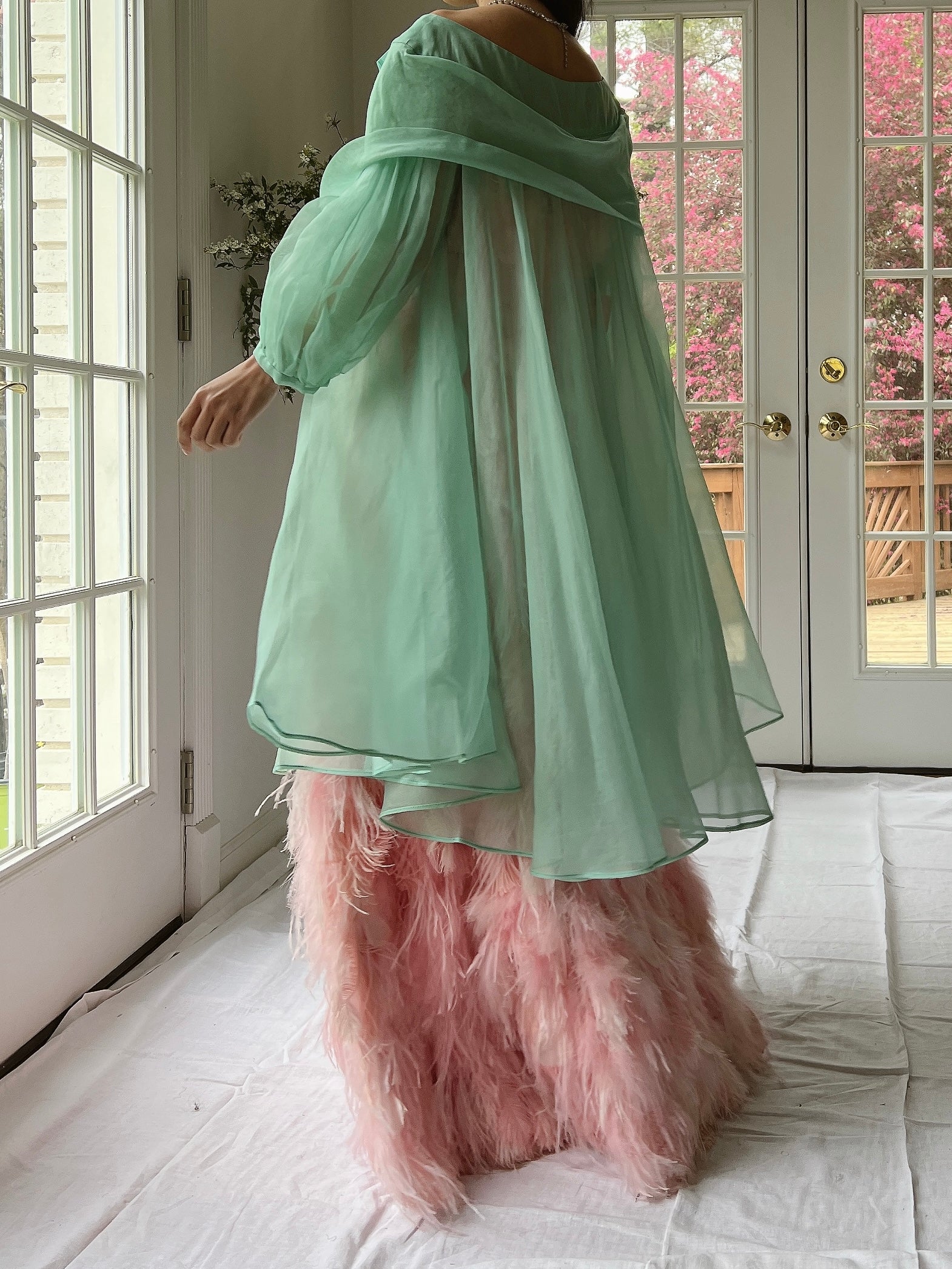 1960s Silk Chiffon Puff Sleeves Duster - OSFM