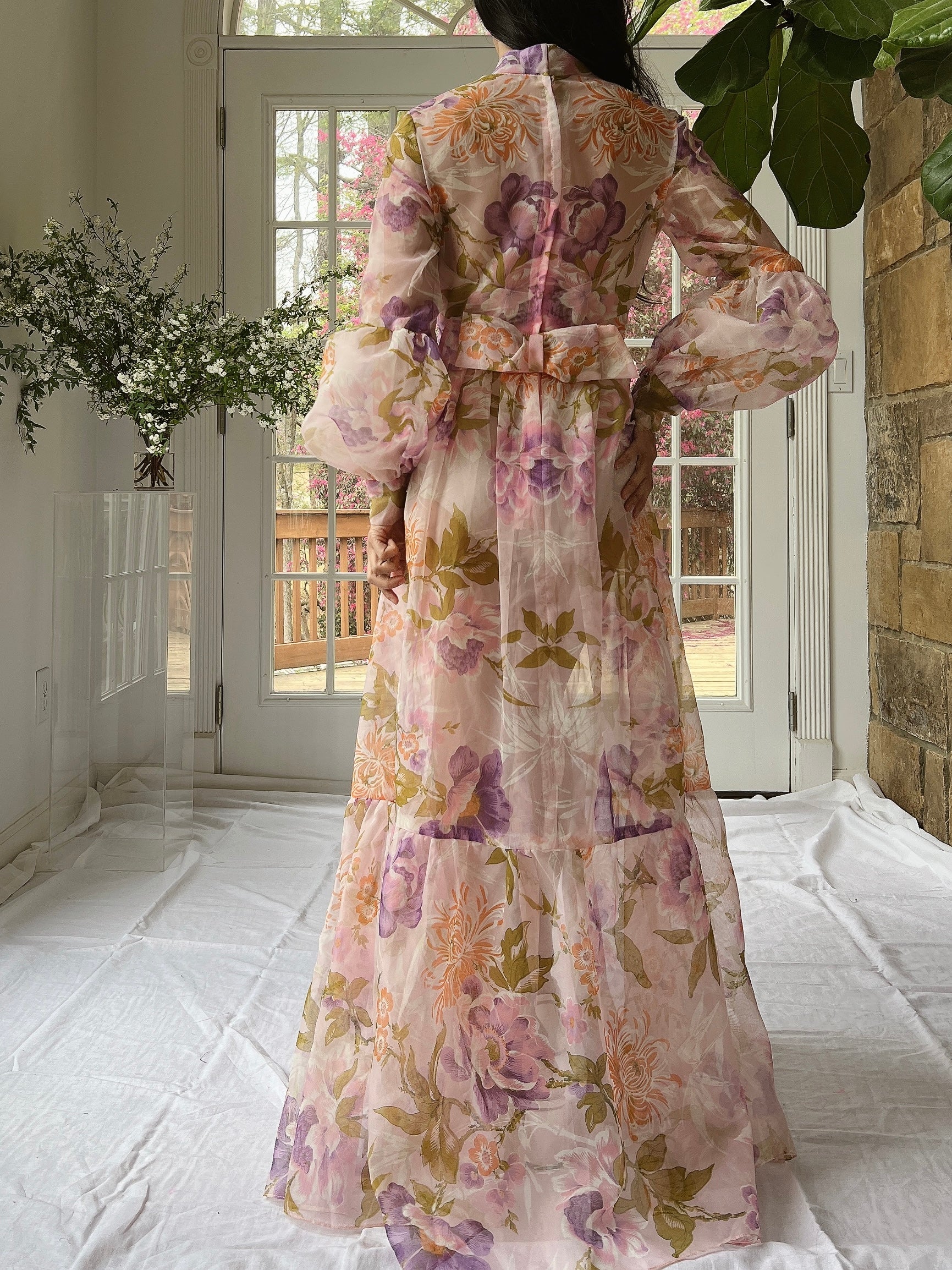 Vintage Sheer Pink Floral Voile Dress - M