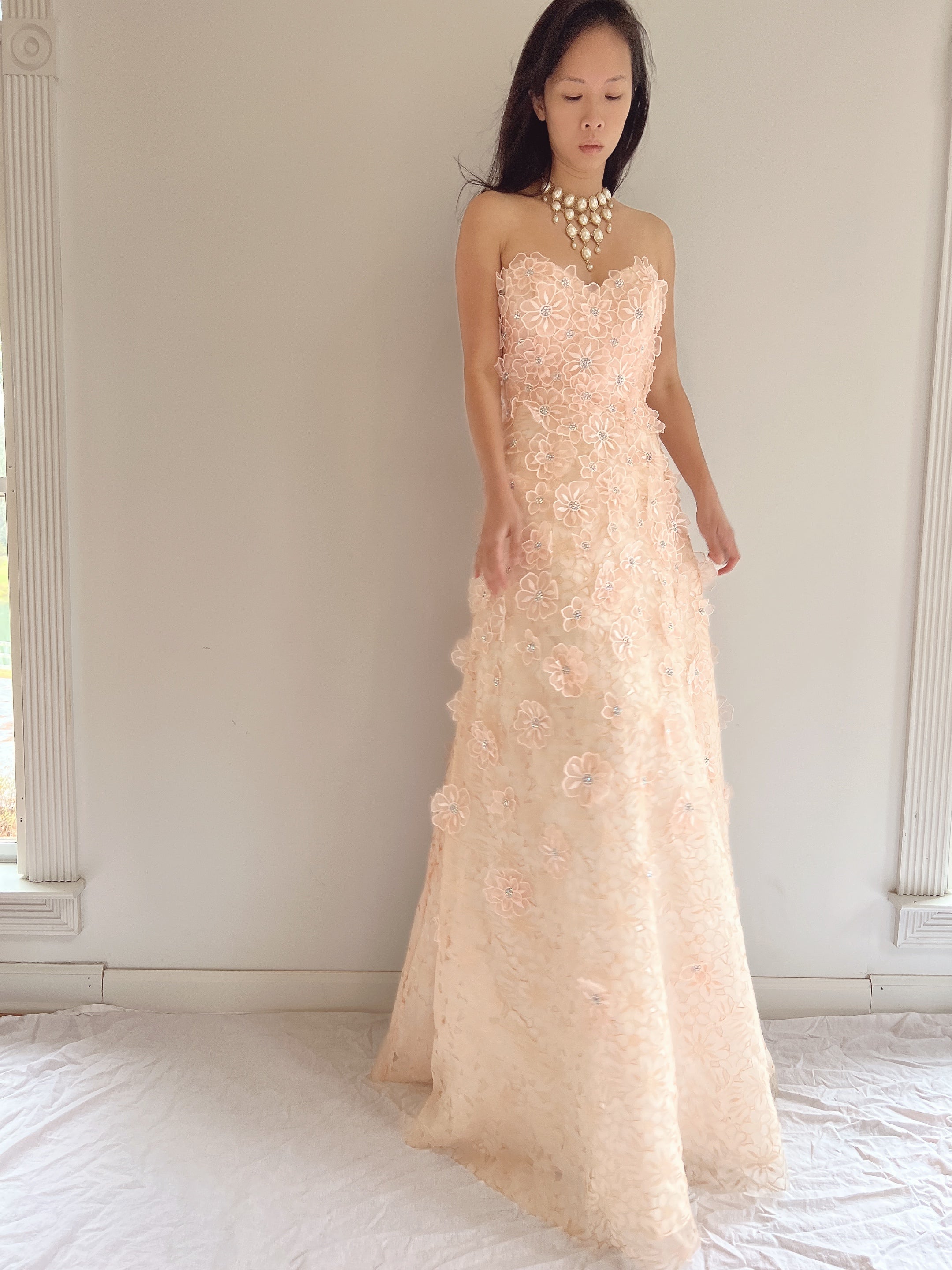 Y2K Peach Floral Applique Gown - S/6