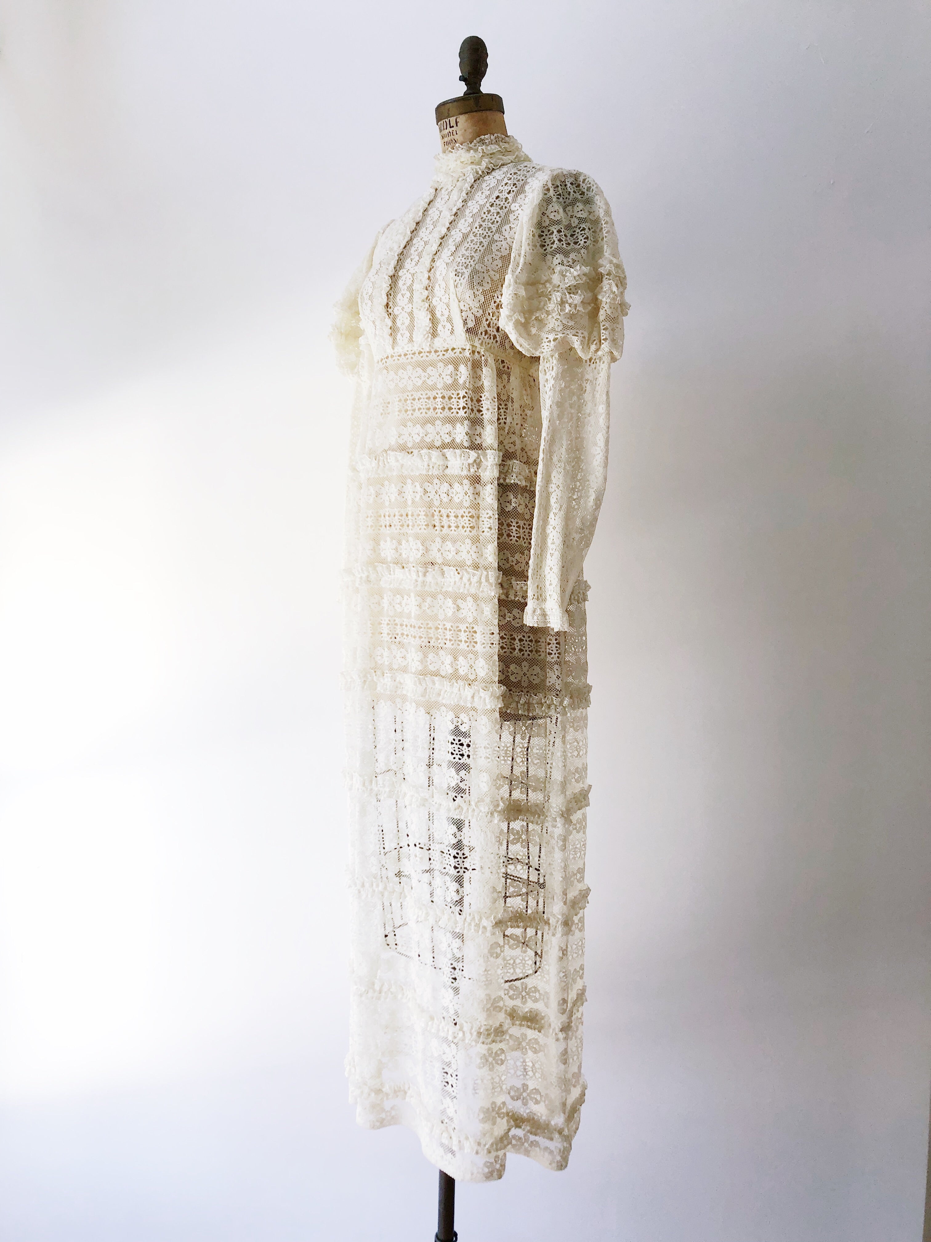 1970s Bohemian Puff Sleeves Lace Dress - S